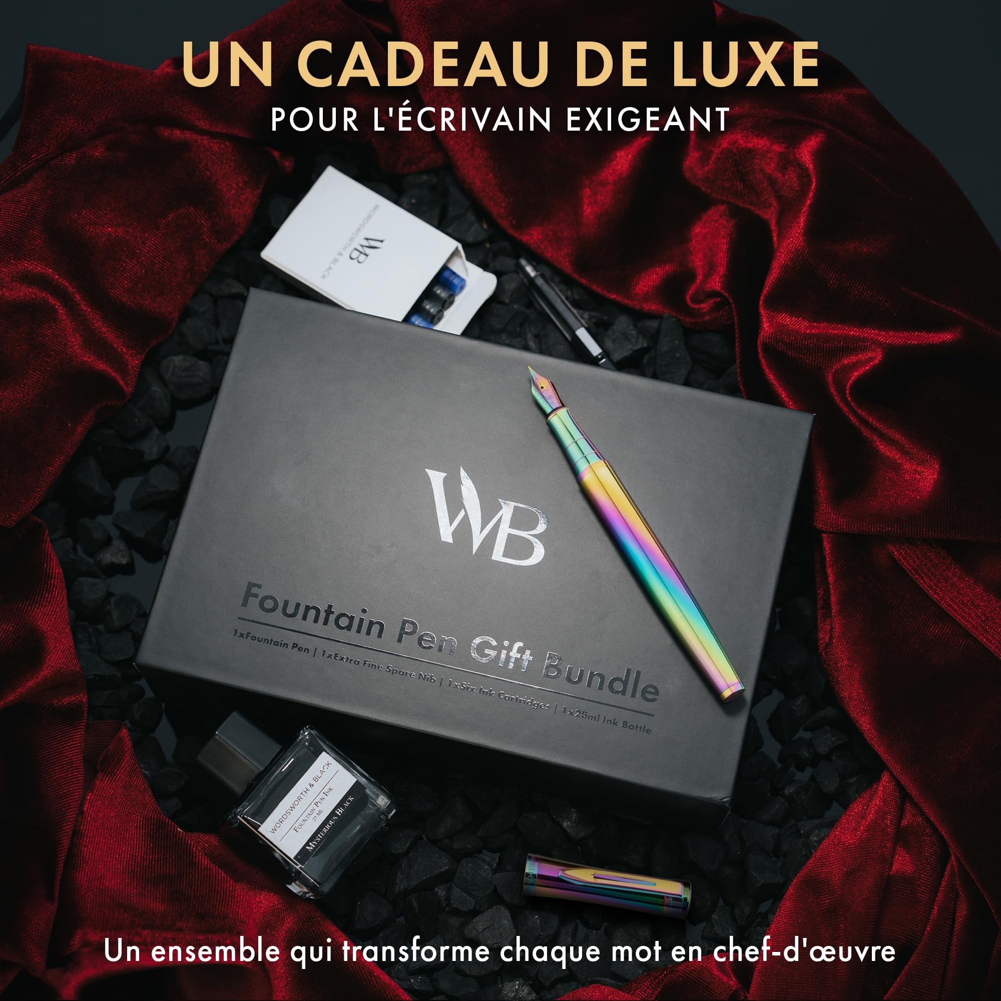 Wordsworth & Black Coffret stylo plume, plume m et extra-fine, arc-en-ciel | Pour hommes et femmes, corps en laiton, or 18 carats, flacon d'encre + 6 cartouches, convertisseur, écriture et calligraphie