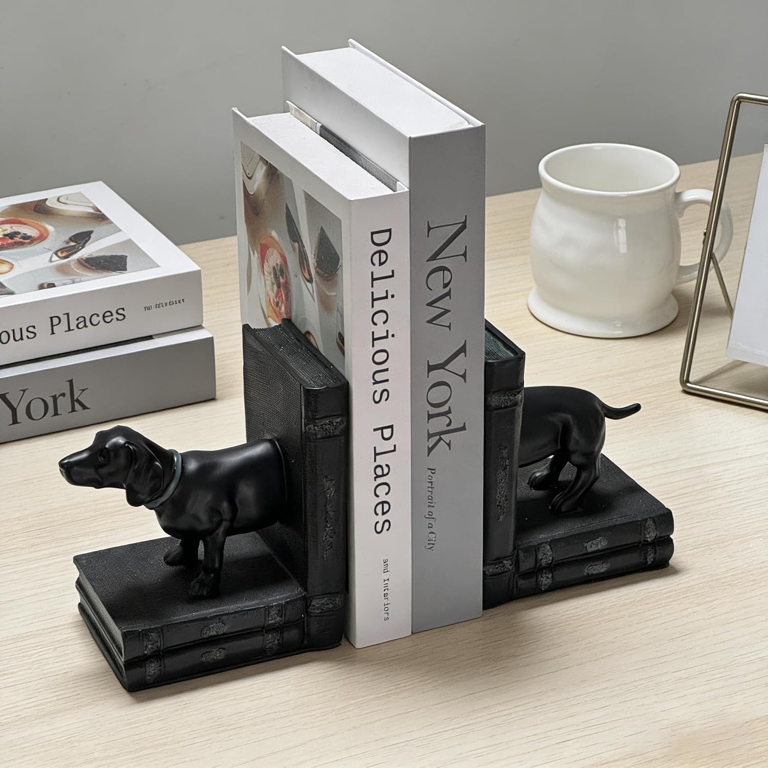 2pcs Black Dog Decorative Bookends for Shelves Dog Resin Bookends Book Ends for Heavy Books for Home, Office Desk(Dachshund &Book)