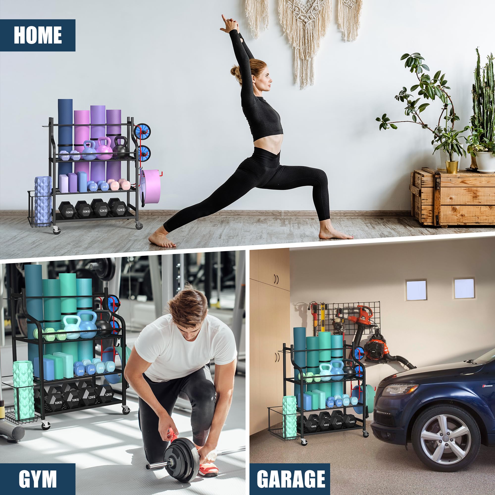 Porta Attrezzi Per Palestra Con Ruote - Rack Per Tappetini Yoga, Manubri, Kettlebell - Organizzazione Per Casa E Garage - Foto 3