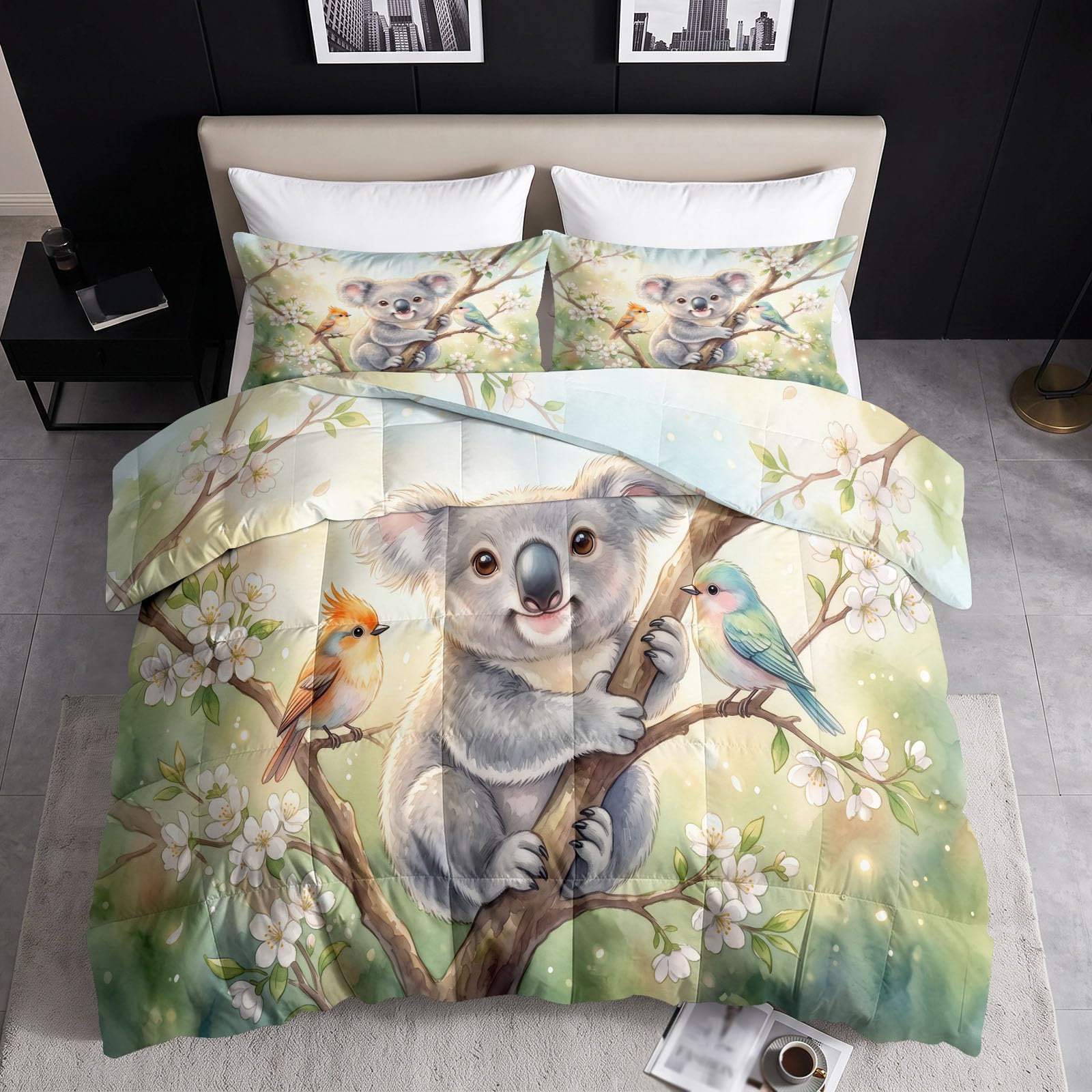Piumino senza rivestimento, 200 x 220 cm, trapunta invernale traspirante per cameretta dei bambini, motivo: animali e uccelli, con cartoni animati, coala e uccellino, in morbida microfibra, calda
