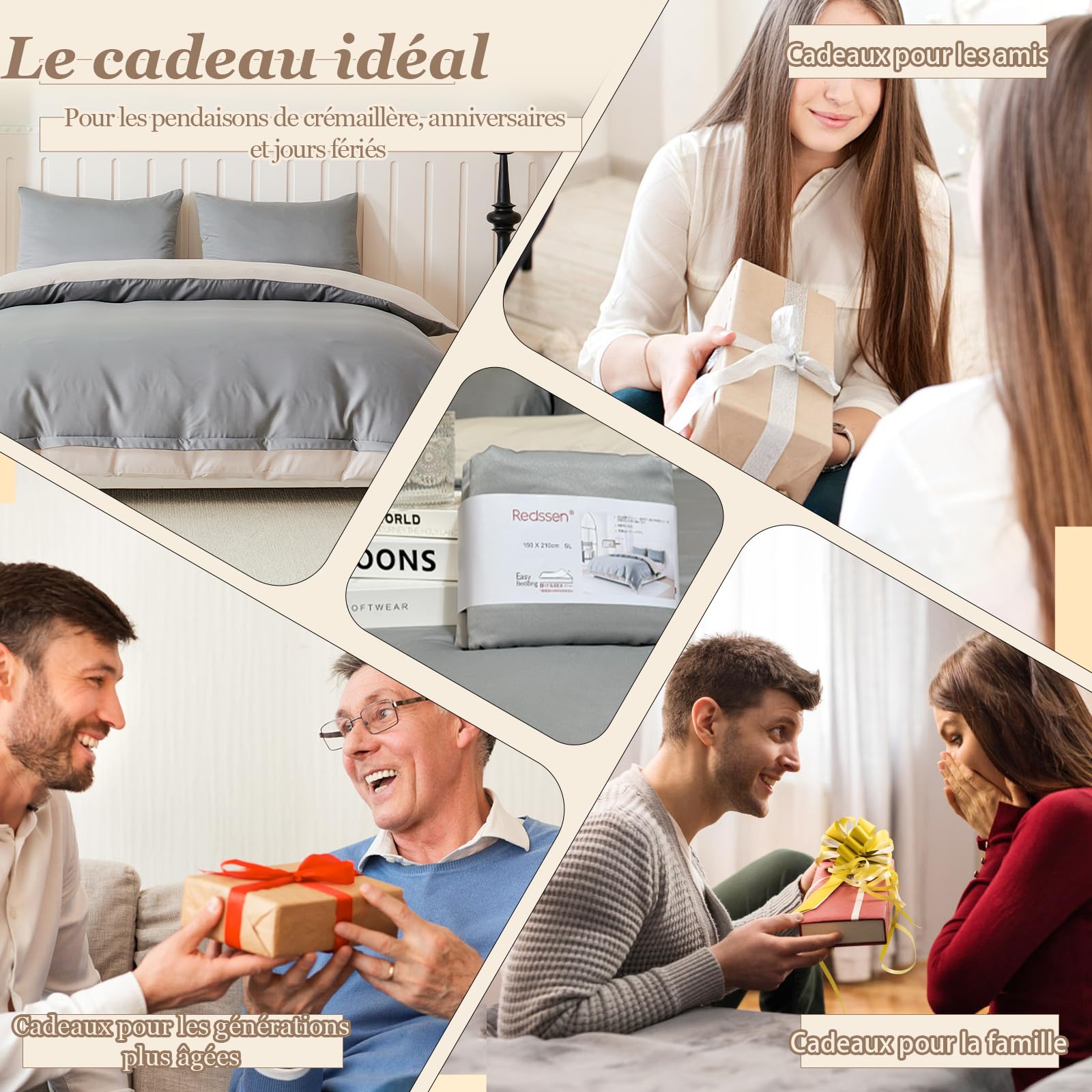 Set di biancheria da letto 4 pezzi, con cerniera su 3 lati, poliestere antistatico ultra-delicato e seta-liscio, design a due lati (Grigio & Crema), offerta vantaggiosa del marchio (2 * 135 x