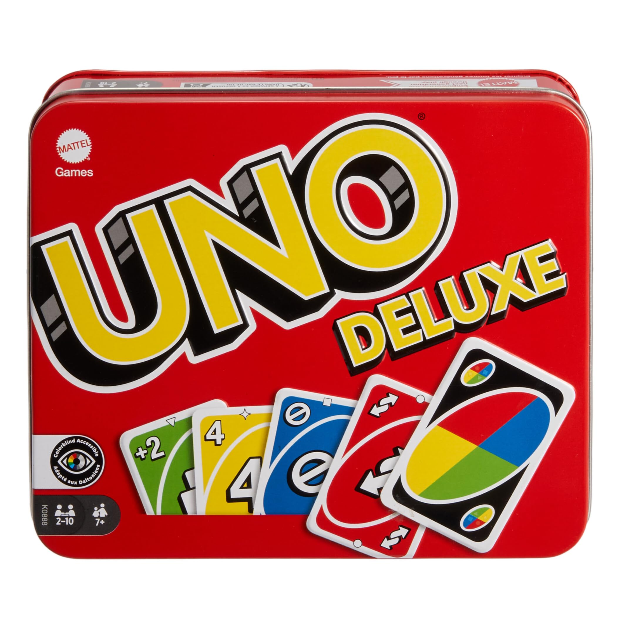 Mattel Games UNO Deluxe en Caja metálica, Juego de 108 Cartas para familias, niños y Adultos, 2-10 Jugadores, Partir de 7 años, (Mattel K0888)