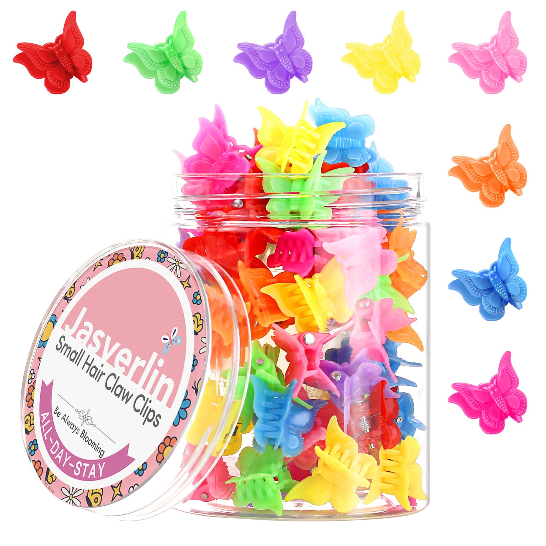 JASVERLIN Butterfly Clips for Hair, Y2K Small Mini Hair Claw Jaw Plastic Aesthetic Accessories 90s Girls Women 8 Colors 50 Pcs (Neon Glow)