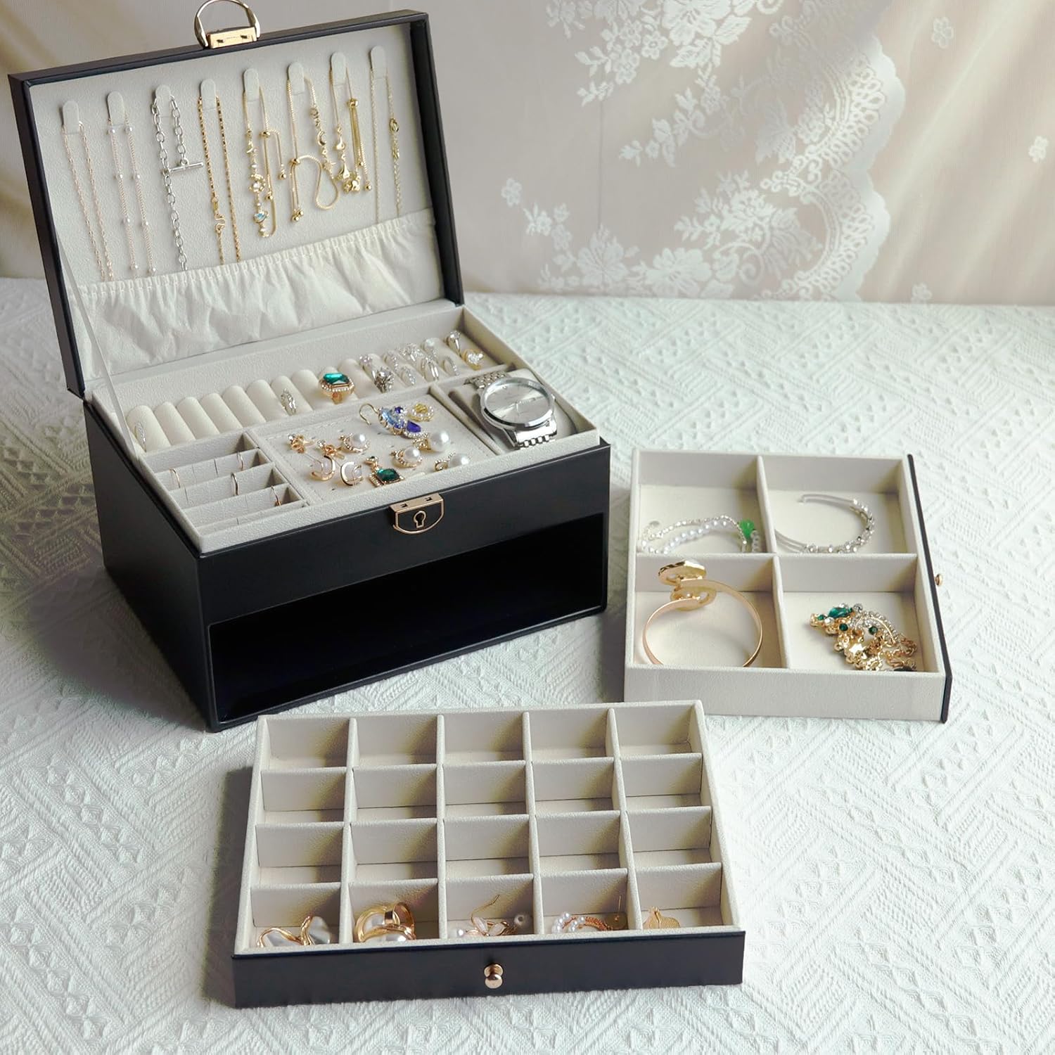 Jewelry Organizer Box for Women, Large Jewelry Organizer with Lock, 3 Tier Storage Box with Velvet Lining, 2 Drawers, Necklace Hooks, Ring Rolls