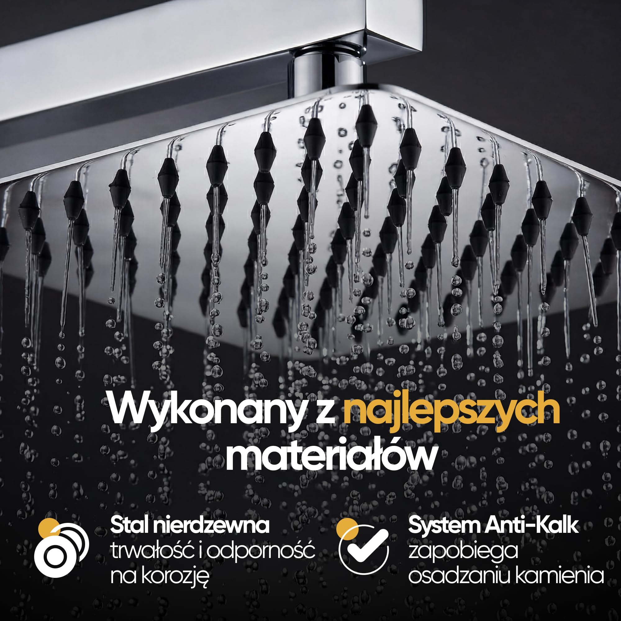 Granitan LUNA Drążek prysznicowy system prysznicowy: Deszczownica 25 cm, głowica prysznicowa z wężem i baterią mieszającą - nowoczesny zestaw prysznicowy - chrom - prostokątny