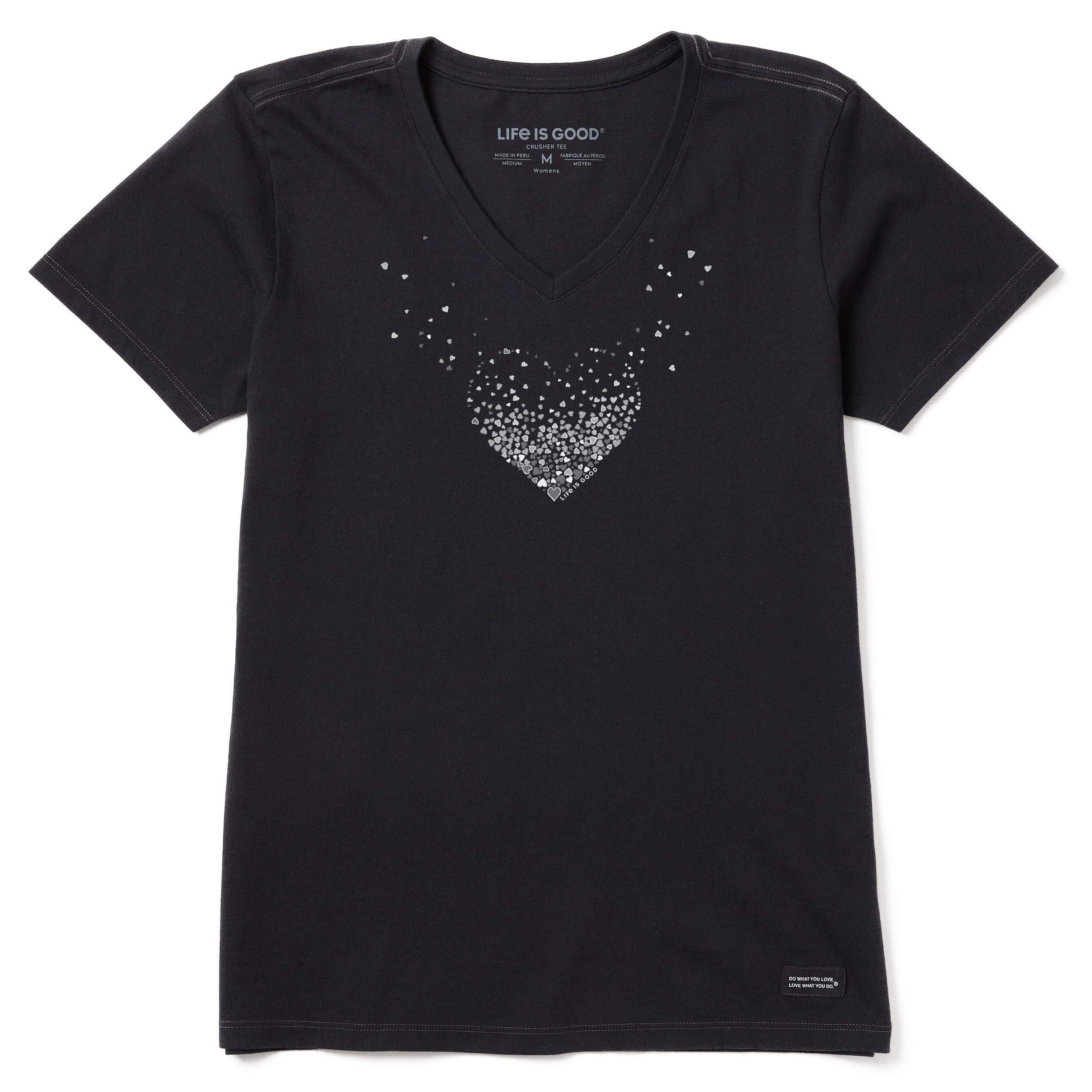 Life Is Good Womens Crusher Graphic V-Neck T-Shirt, Hearts Jet Black, Small