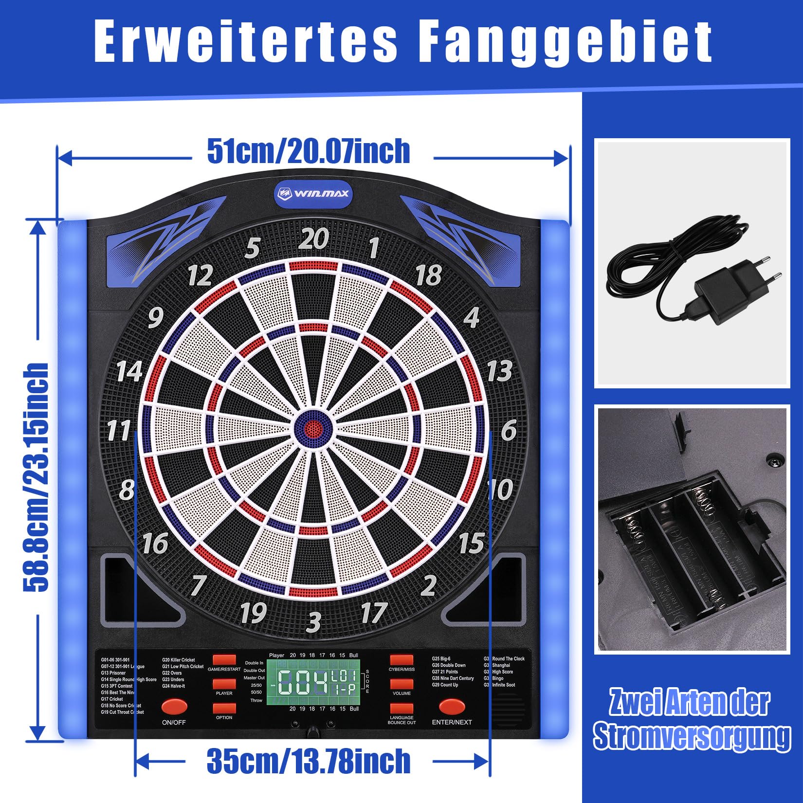 WIN.MAX Cible de fléchettes électronique professionnelle avec marqueur laser | Marqueur Toe Line avec voix allemande - Convient pour batteries/adaptateurs pour 1 à 8 joueurs avec 12 fléchettes