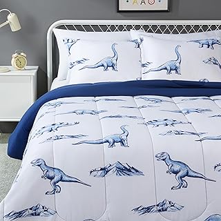 Amazon Basics 3 Piece Microfiber Kid's All Season Comforter and Pillow Sham Set, Full/Queen, Dinosaurs, Animal Print