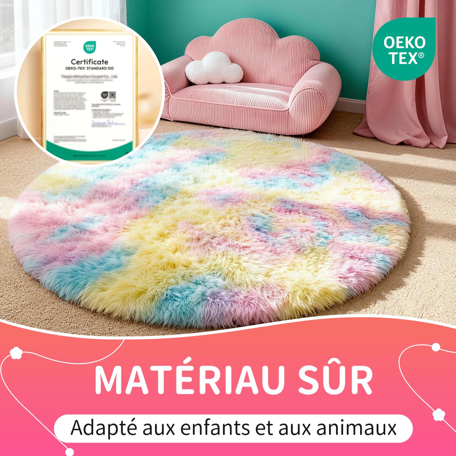 Tapis Rond 120 CM Arc-en-Ciel Tapis Chambre Fille Lavable Antidérapant Ultra-Doux Moelleux Grand