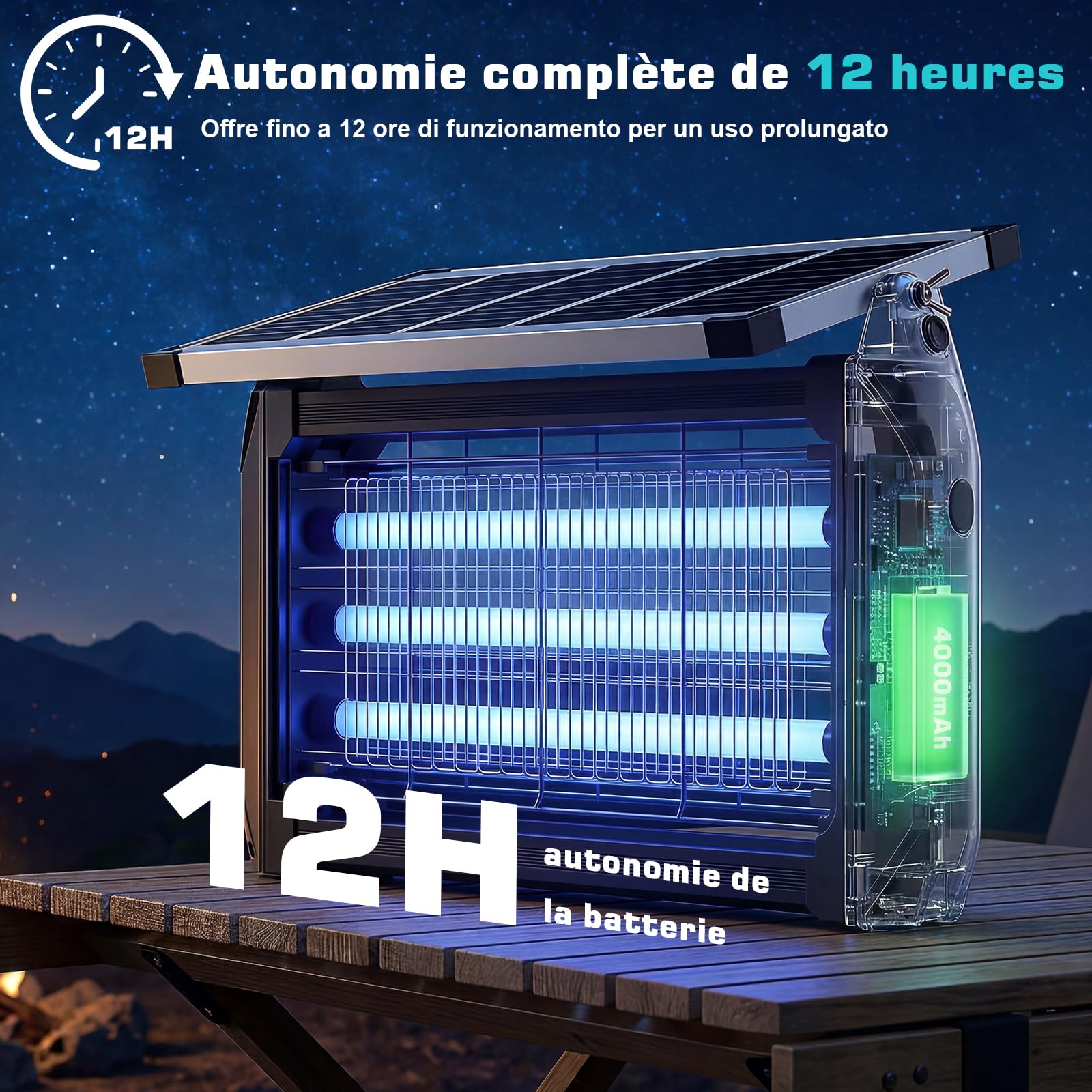 Lampe Anti Moustique Solaire Exterieur, 4500V Lampe Anti Mouche avec Batterie 4000mAh, Indice D'étanchéité IPX5, Anti Insectes Répulsif sans Fil avec Piquet pour Jardin, Terrasse, Camping