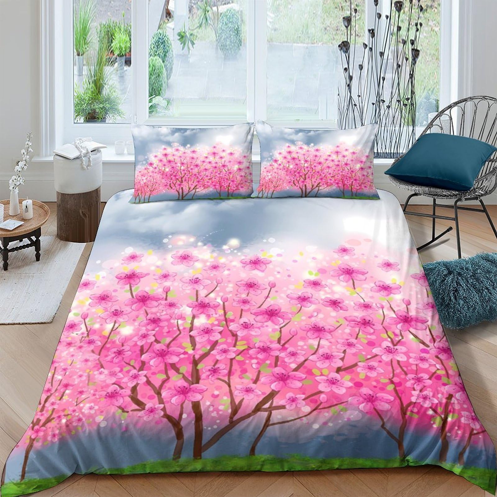 GPLZQXKJNH 3D Printed Cherry Blossom Duvet Cover Microfiber Soft Pink Tree Quilt Cover Set with 2 Pillowcases for Bedroom Decor Single（135x200cm）