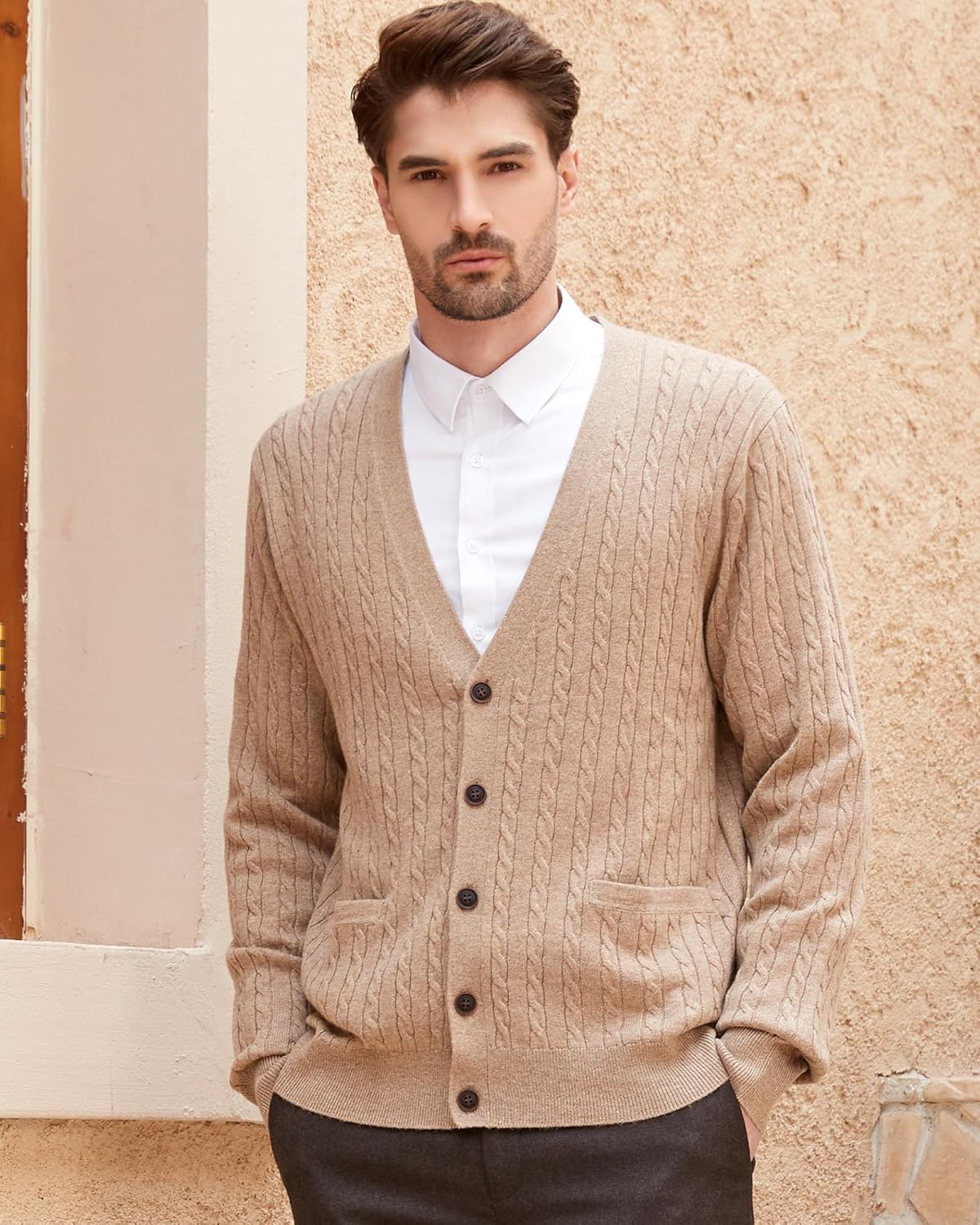 Kallspin Men's Cardigan Sweater Wool Blend Cable Knit V Neck Buttons Cardigan with Pockets - Image 5
