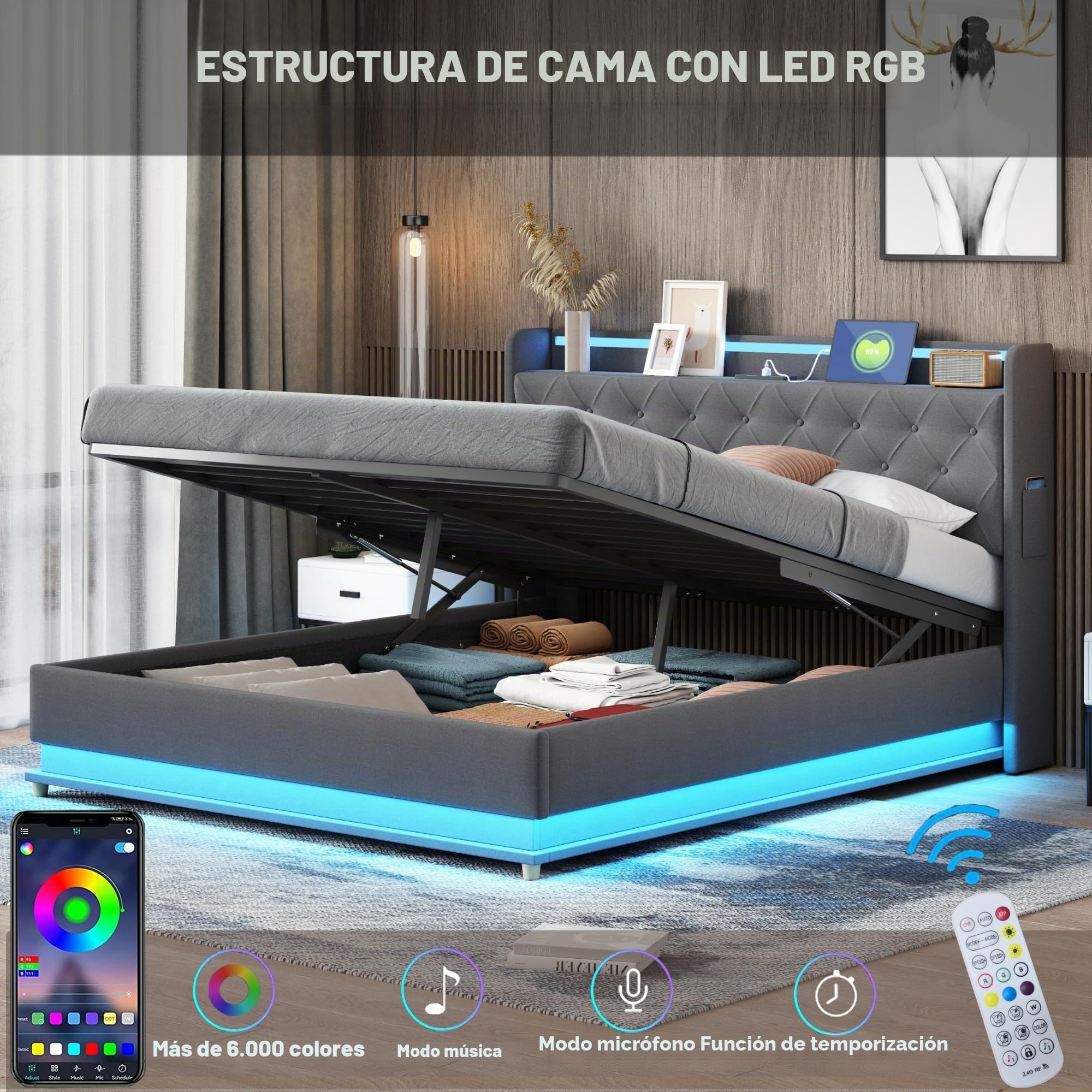 Cama Matrimonio 160x200 cm, Cama Tapizada con USB y Iluminación LED, Estructura Cama Doble con Almacenaje Hidráulica, Camas Matrimoniales con Láminas de Metálicas, Lino, Gris, Sin Colchón