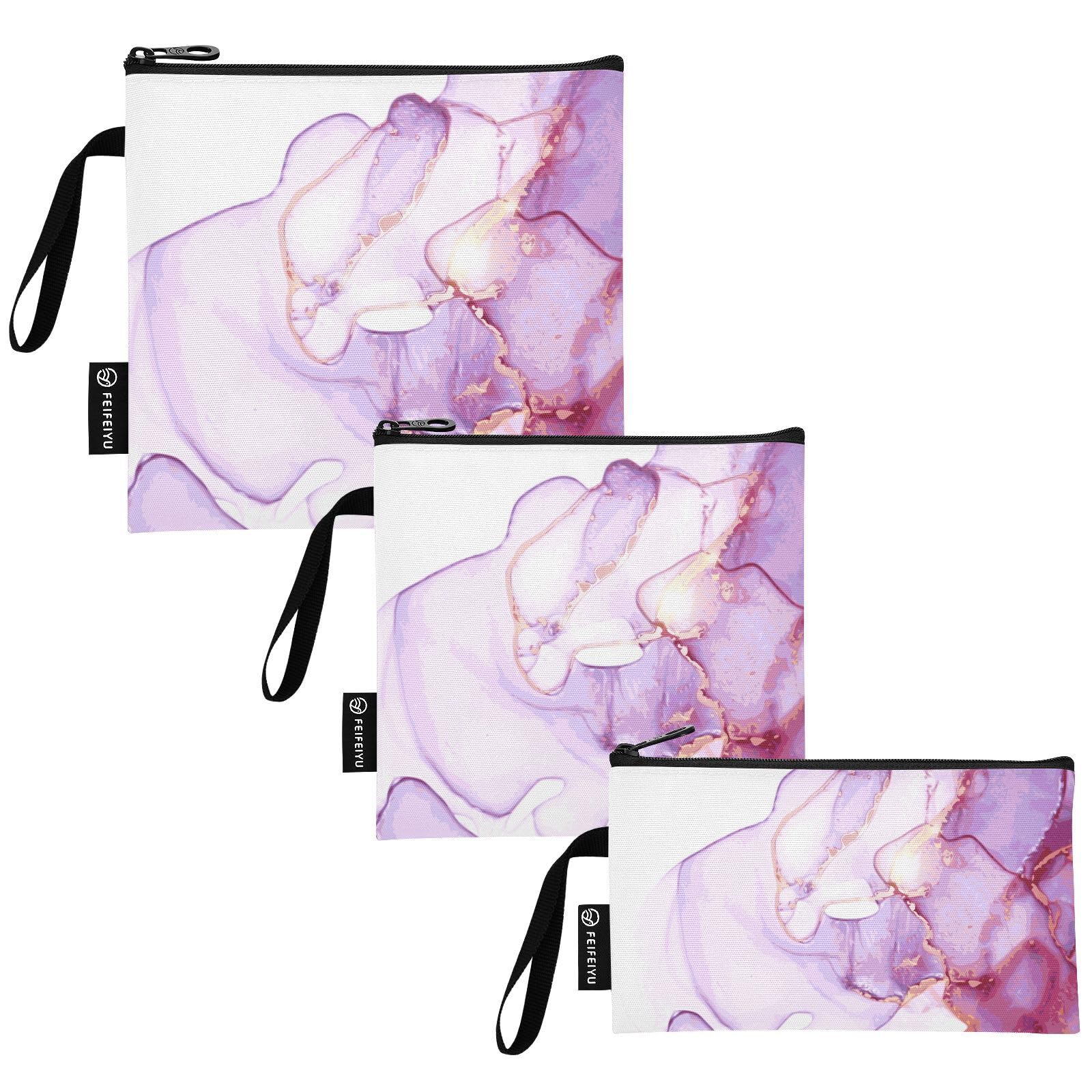 OTVEE Reusable Pink Purple Marble Texture Sandwich and Snack Bags for Lunch Washable Fabric, Waterproof Cloth Zip Bag, Travel Pouch, Food-Safe 3 sizes