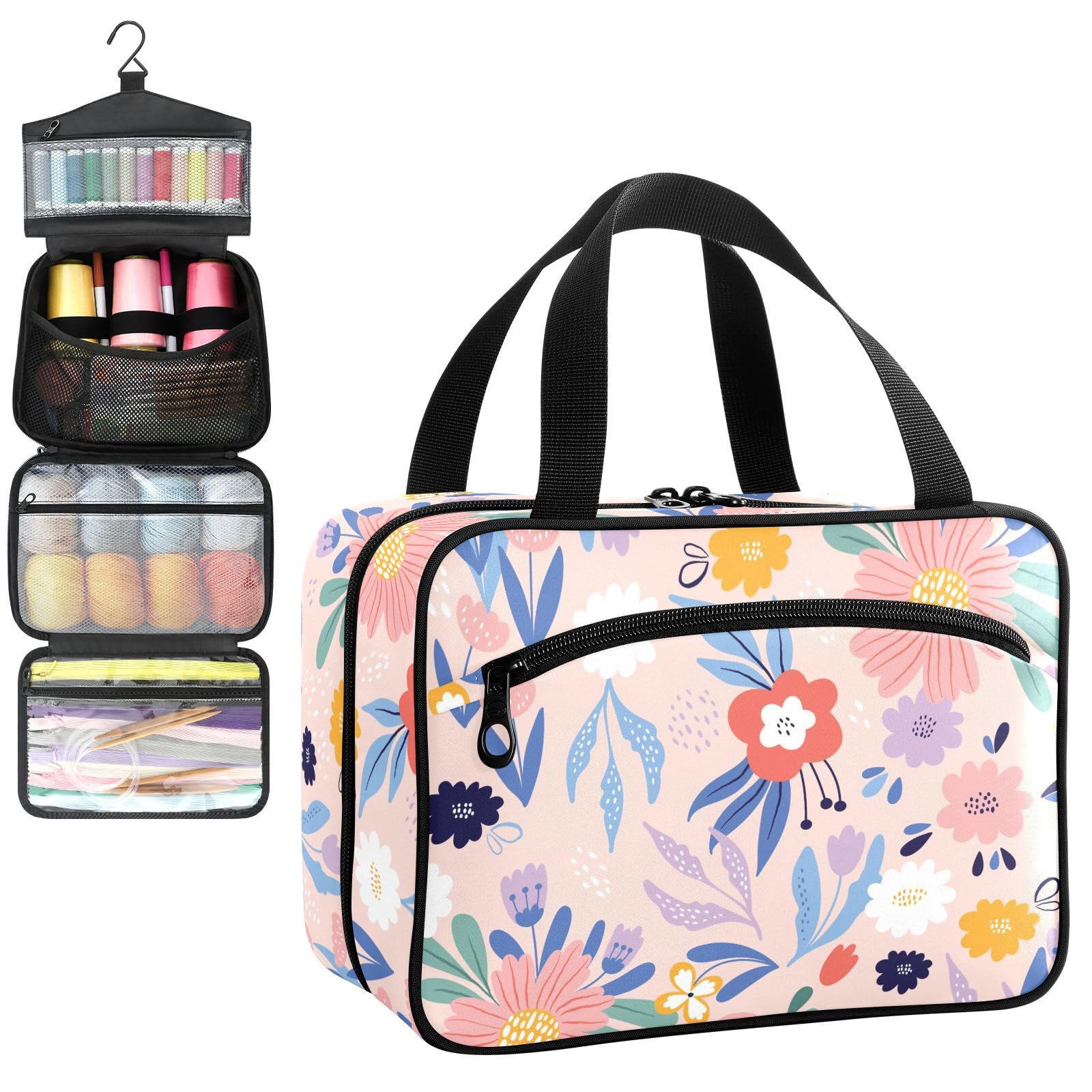YNNALE Sewing Supply Organizer Bag, Boho Flower Pink Modern Flowers Cute Portable Sewing Bags with Pockets&Hanger, Sewing Storage Box Case for Sew Supplies/Kit/Tools/Accessories (BAG ONLY)