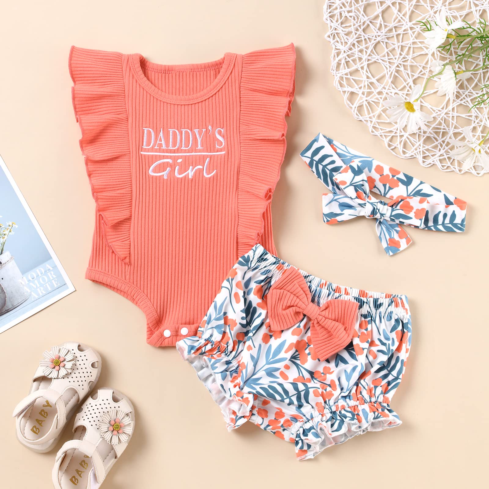 bilison Newborn Baby Girl Clothes Daddy's Little Girl Letter Print Romper and Floral Pant 3Pcs Newborn Girl Summer Outfit Sets