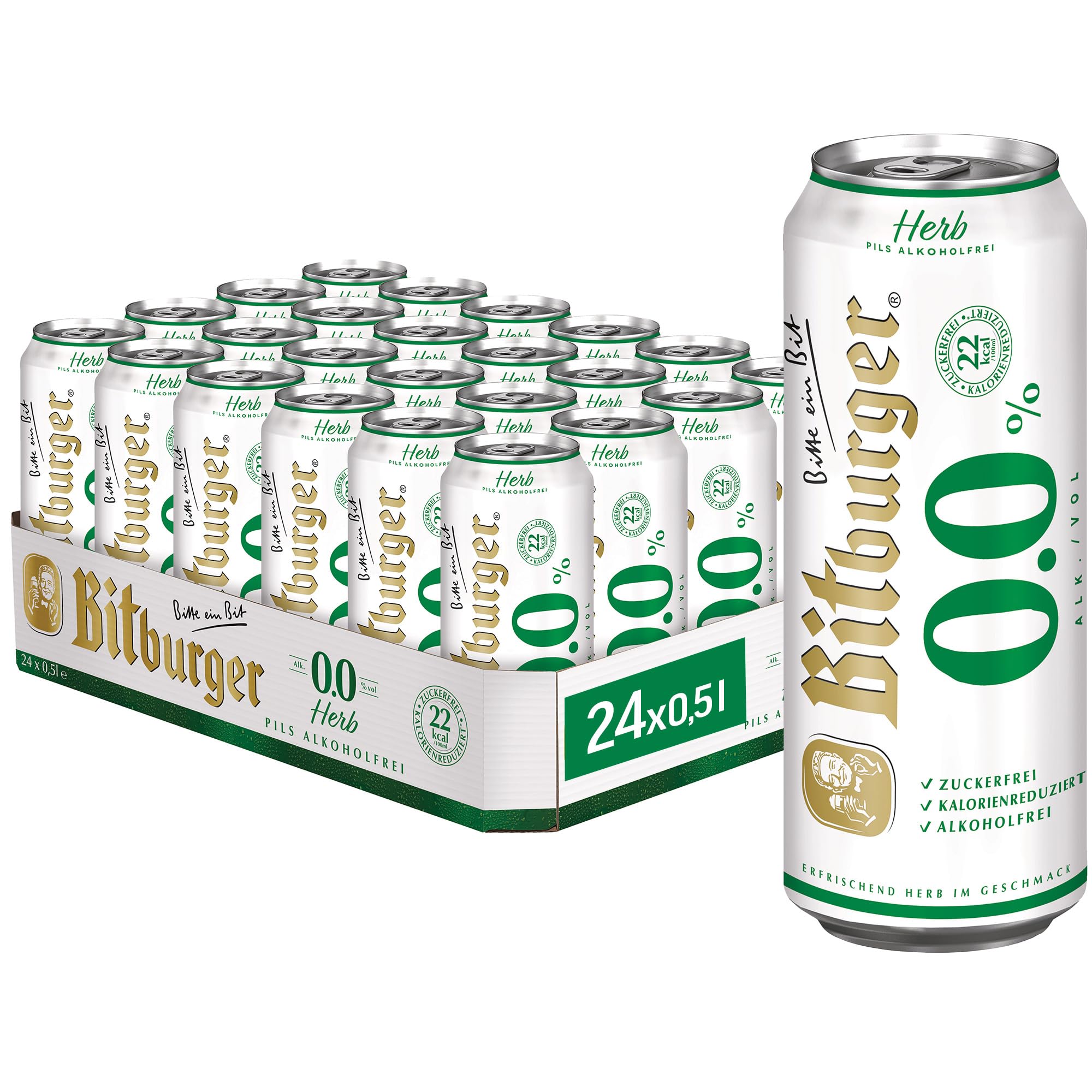 Bitburger 0,0% Herb Pils Alkoholfrei - Dosen-Bier (24x 0,5l) - Hopfenbetonter Pilsgenuss - Nach Deutschem Reinheitsgebot Gebraut