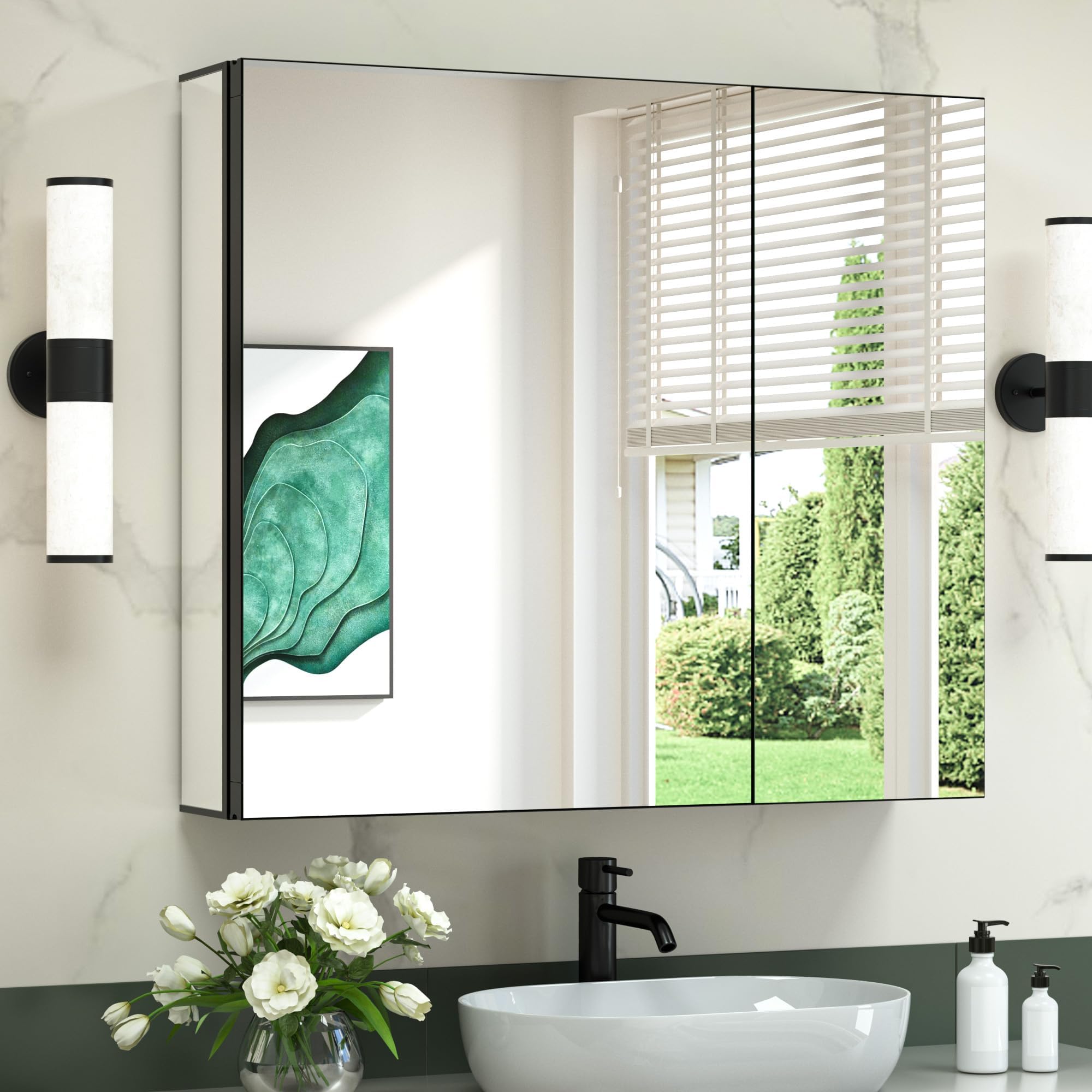 TokeShimi 30 * 26 Bathroom Medicine Cabinet with Mirror Black Aluminum Frameless Fully-Assembled Mirror Cabinet Bathroom Wall