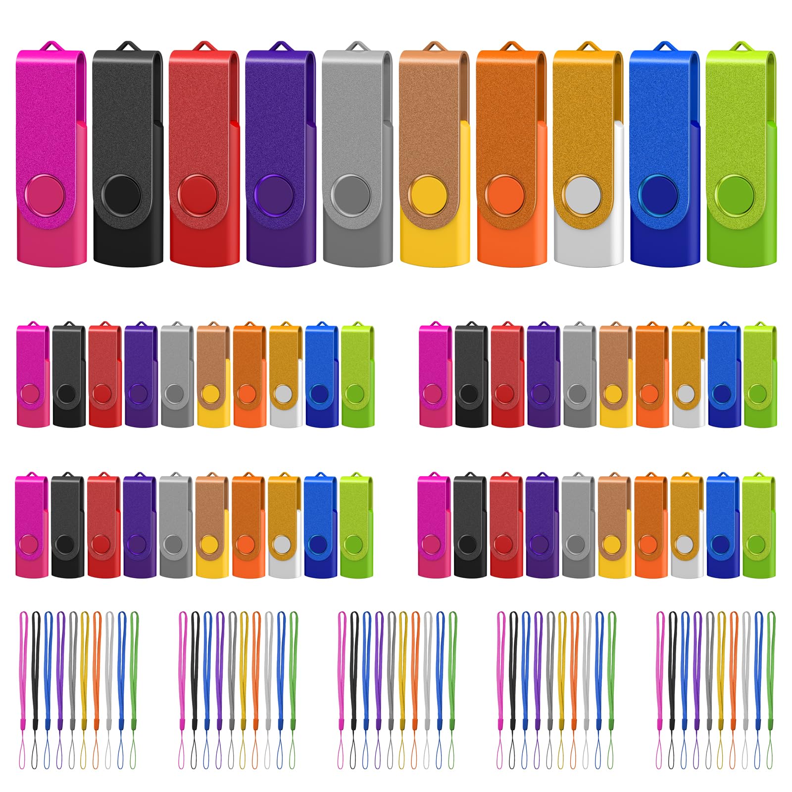 Lote de 50 unidades flash USB 512MB 2.0 giratorias con cordones (multicolor) | Diseño giratorio de 360°, Plug and Play, con luz LED, velocidad de lectura de 18 a 19 MB/s y escritura de 7 a 8 MB/s