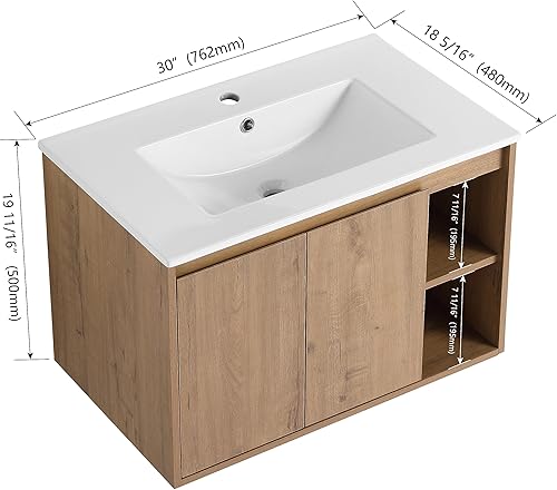 Miniatura 2 de Juego de tocador de baño de 30 pulgadas con lavabo, montado en la pared, 1 puerta y estante lateral derecho para espacios pequeños, tocador de baño