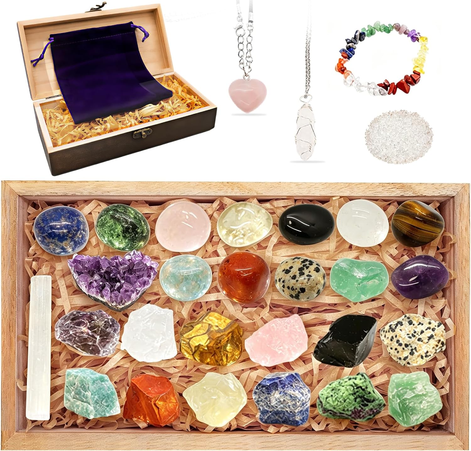 30 PCS Crystals and Healing Stones Set in Wooden Box, Healing Crystals, Raw & Tumbled Chakra Stones, Amethyst Cluster, 7-Chakra Bracelet & Rose Quartz Pendant & Necklace, Spiritual Meditation Gifts