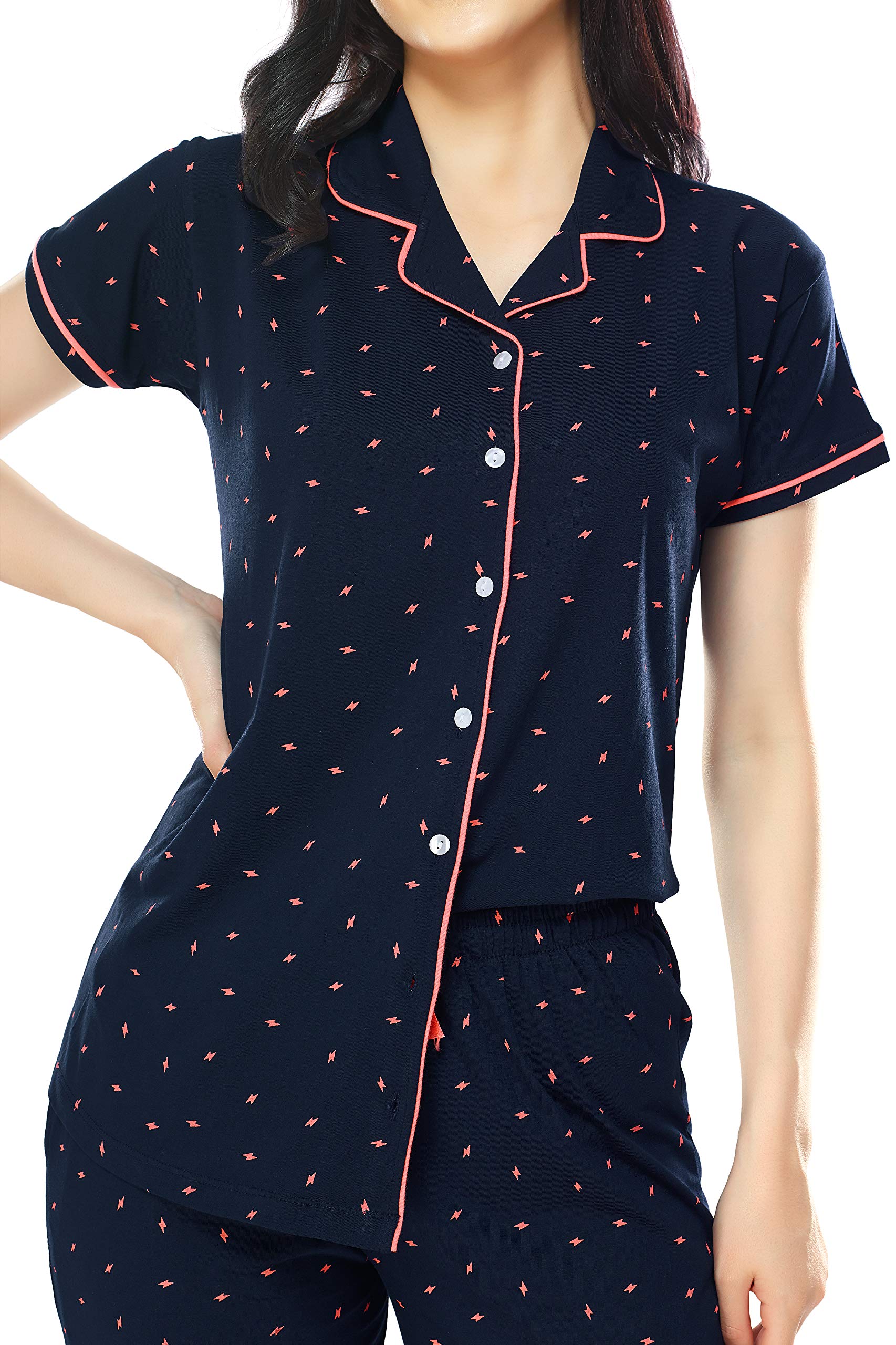 ZEYO Women's Cotton Flash Printed Navy Blue Night Suit Shirt & Pajama Set 5251 (Medium) - Image 2 thumbnail