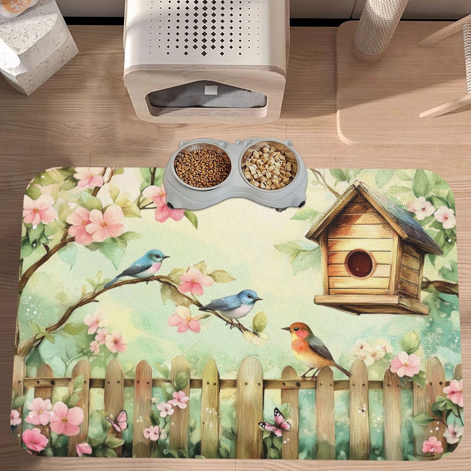 Birdhouse Garden Dog & Cat Food Mat for Floors Waterproof,Quick Dry Anti-Slip Bowl Mats for Food and Water,Pet Feeding Mats,Pet Placemat for Messy