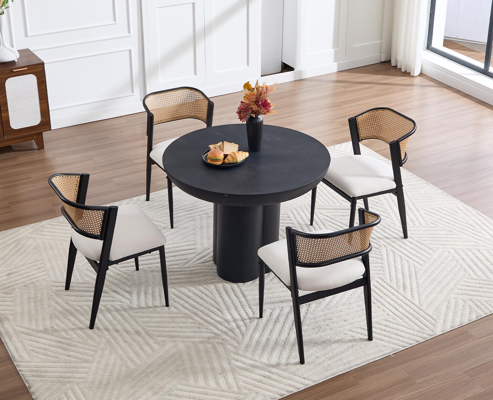 chairus Juego de 2 Sillas de Comedor de Madera Sillas de Cocina con Respaldo de Ratán, Silla Moderna con Asiento de Lino para Mesa/Restaurante, Negro