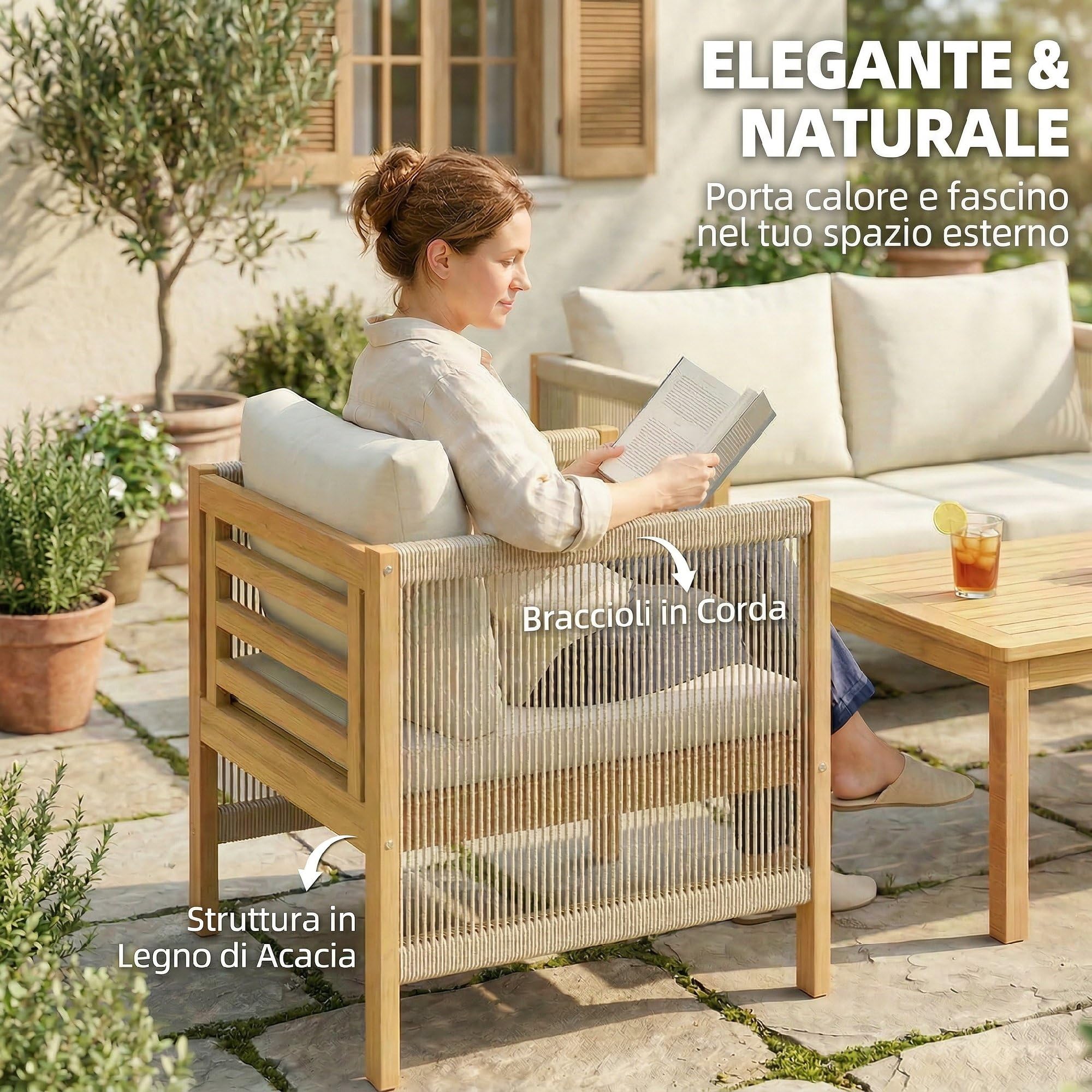 Outsunny Set Salotto da Giardino 4 Pezzi in Legno Acacia, Set di Mobili da Giardino con Divano 2 Posti, 2 Poltrone, Tavolino a Doghe, Cuscini e Decorazioni in Corda, per Patio Balcone, Beige/Naturale
