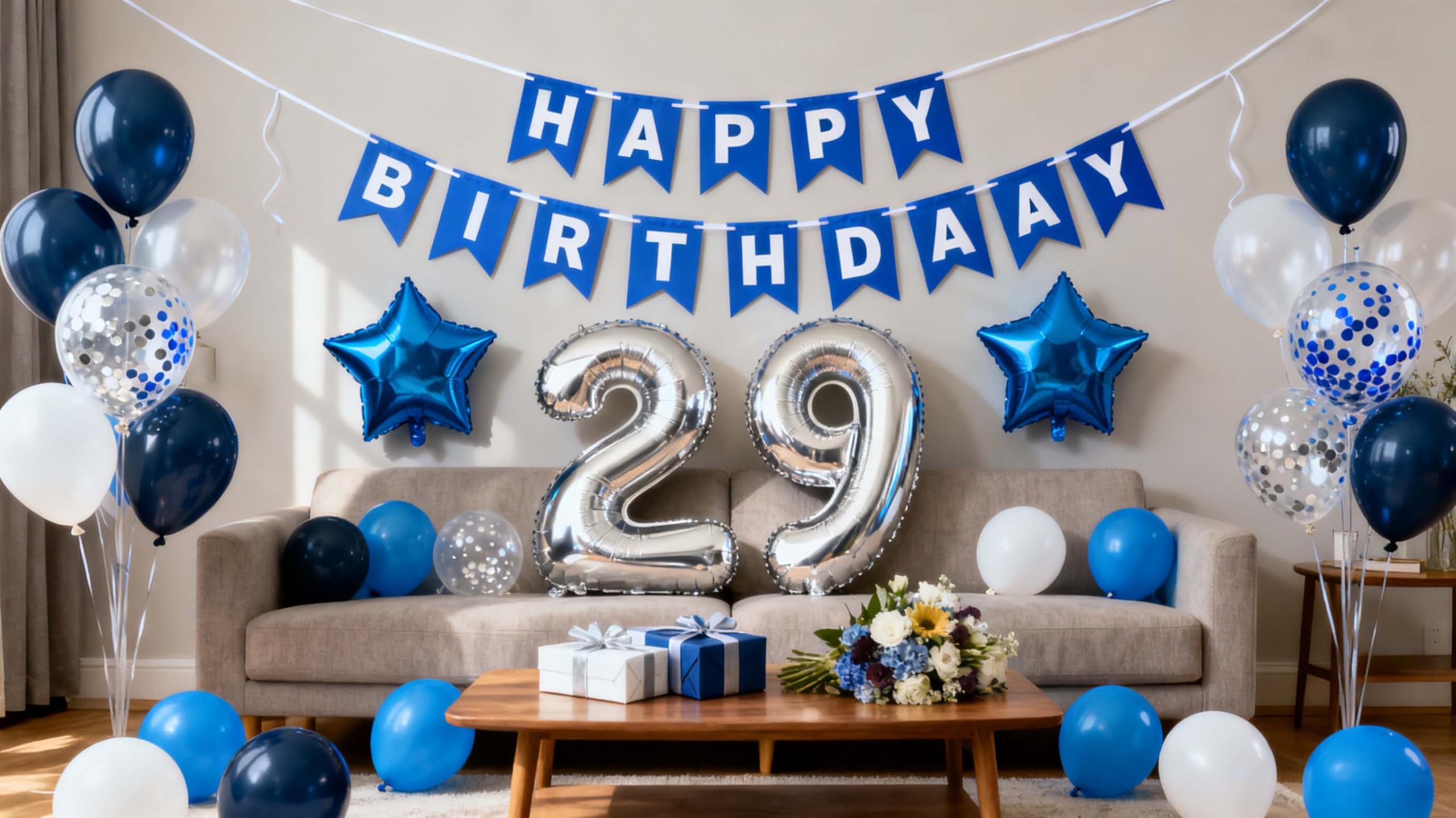 29. Geburtstag Party Dekoration Blau für Ihn, Happy Birthday Banner Blau Nummer 29Birthday Stern Folienballons Latex Konfetti Ballons für Männer Ihn 29 Jahre alt Geburtstagsbedarf (29. Geburtstag)