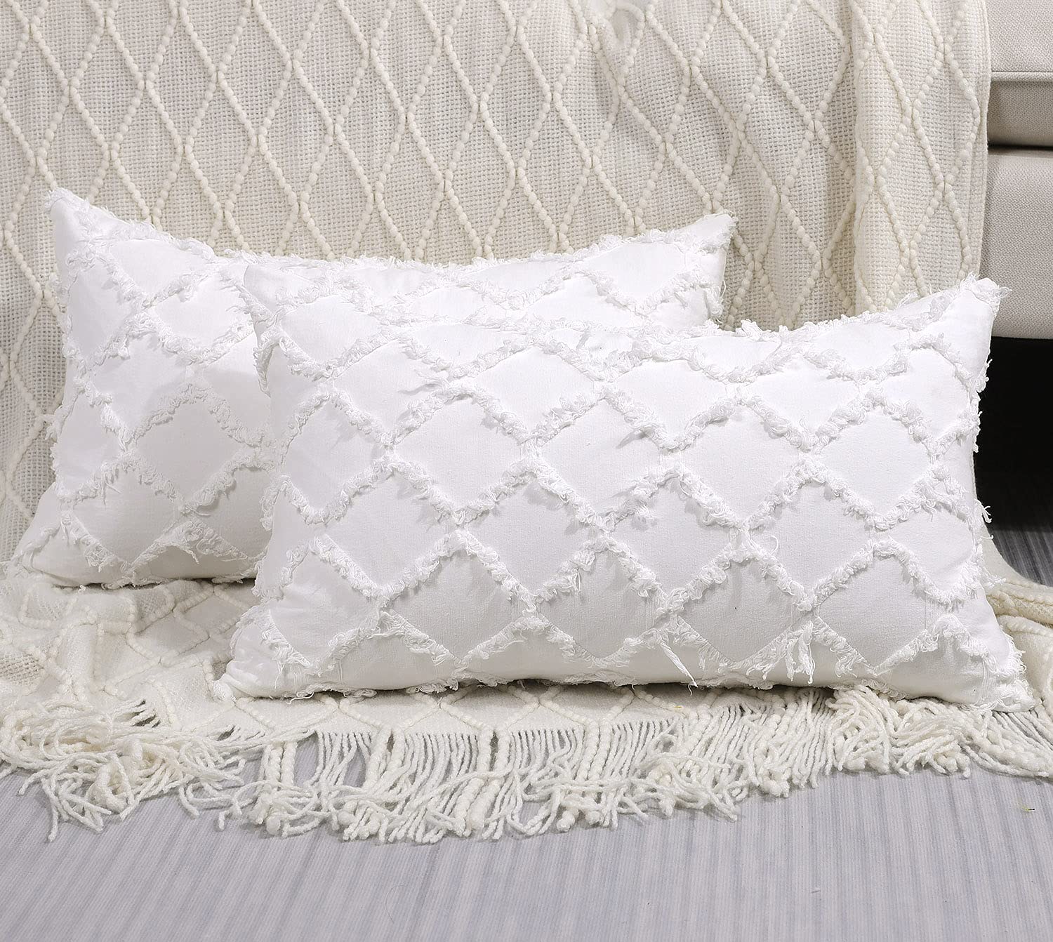 Aivanart Boho Throw Pillow Covers 12x20 Set of 2, Ivory White Decorative Cushion Covers for Rustic Decor, Cotton Linen Tassels Pillow Cases for Couch Sofa Bedroom Living Room