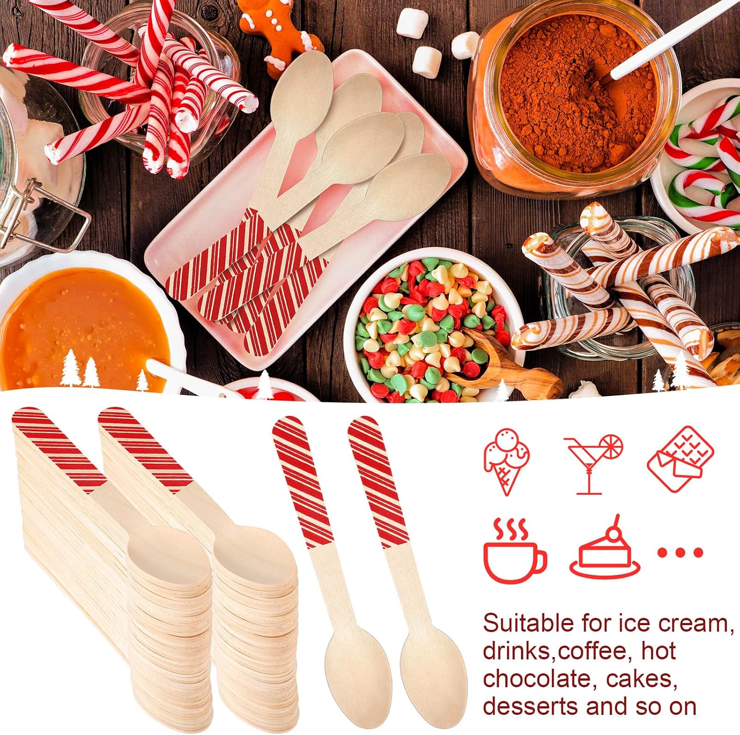 Hoolerry 300 Pcs Disposable Wooden Spoons 5.5 Inch, Christmas Spoons Hot Chocolate Spoons for Tasting Hot Cocoa Coffee Candy Baking Ice Cream Cake Party Supplies (Classic Style)