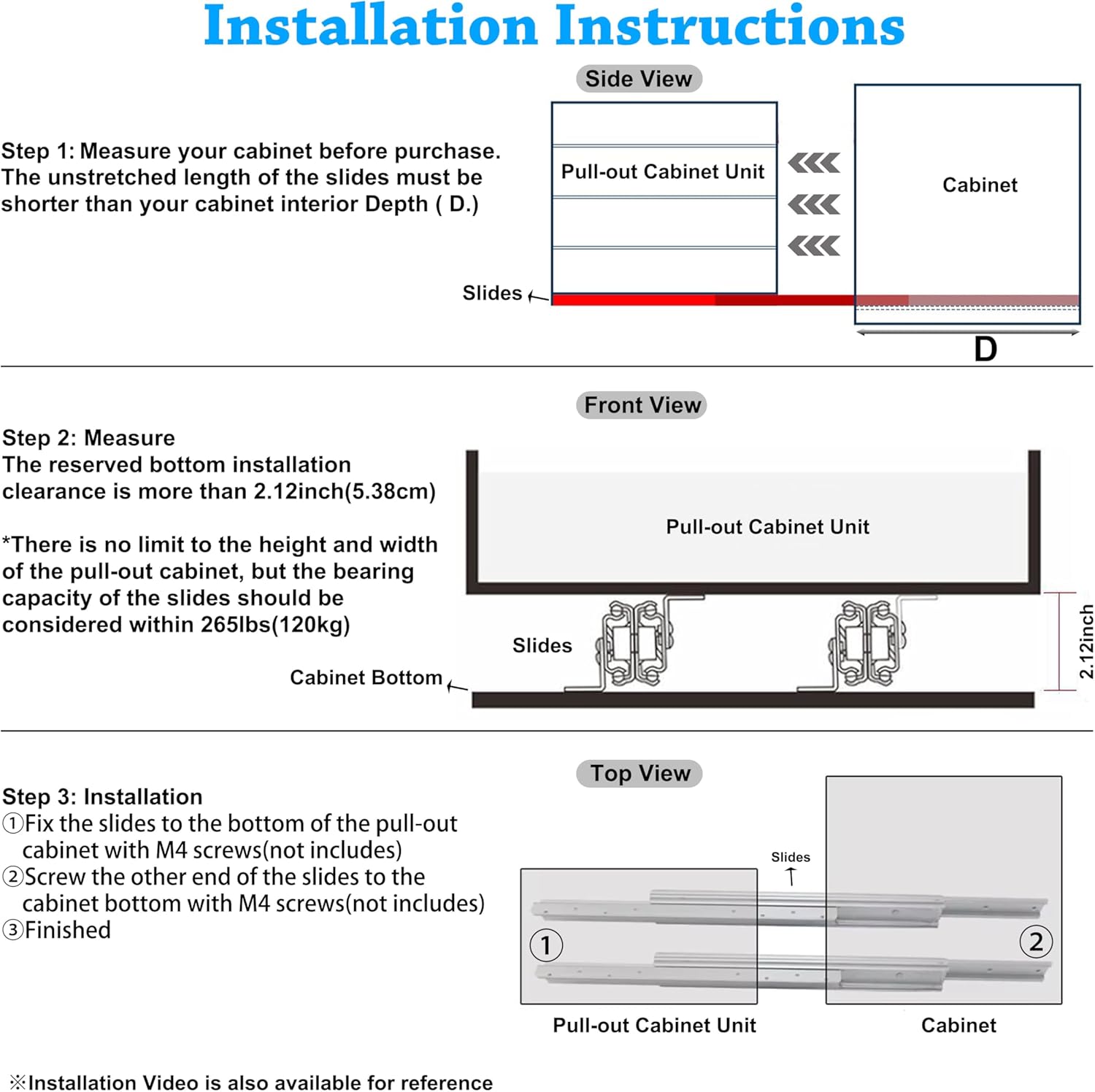 Undermount Drawer Slides, HANKEY Heavy Duty Drawer Slides Bottom Mount 3-fold Full Extension Ball Bearing Guide rail16 24inch, 265lbs Load Capacity for Staircase Pantry Cabinet (24inch 1 Pair)