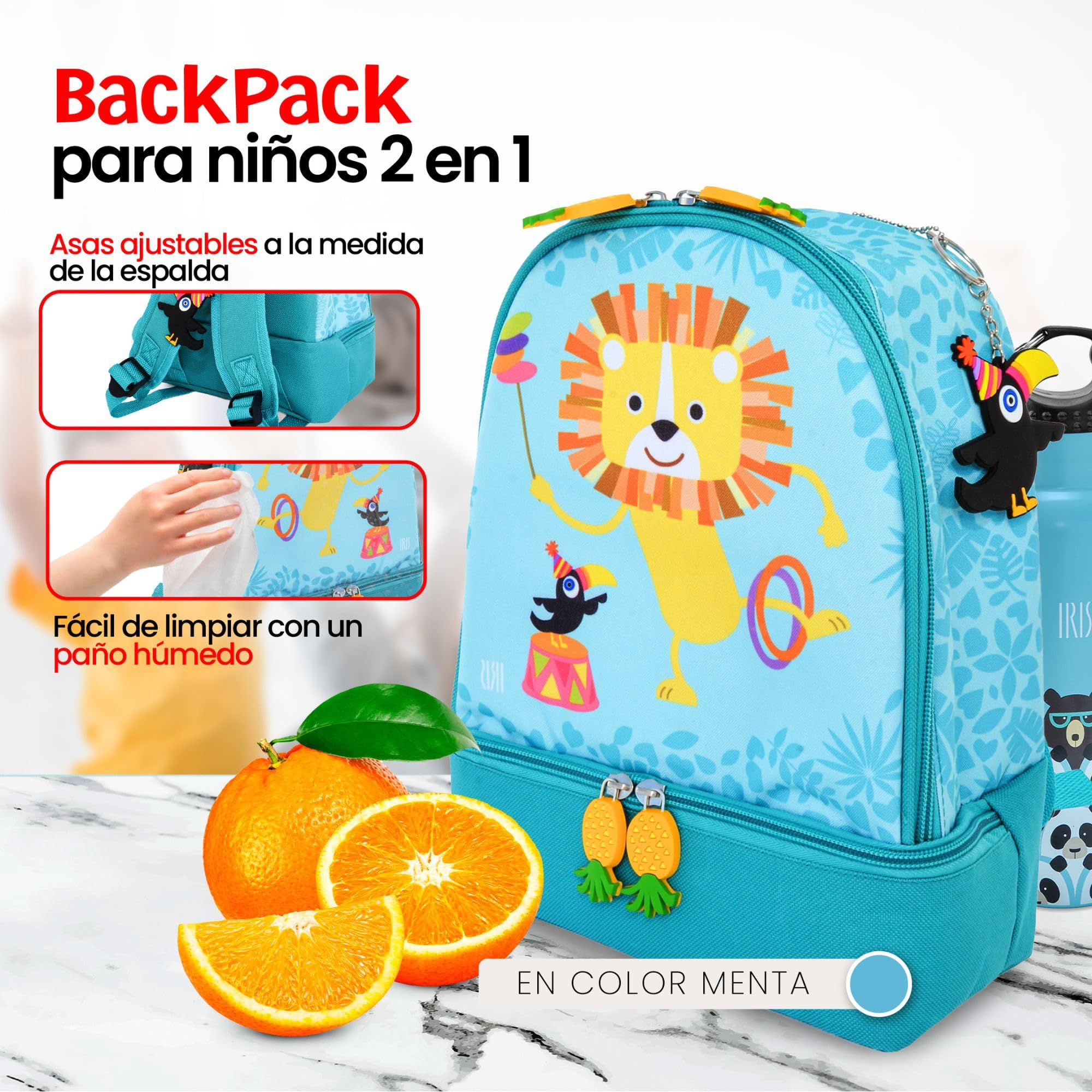 Iris Barcelona Mochila Infantil 2 en 1 con Nevera Termoinsulada – Diseño de León – Bolsa de Almuerzo para Niños con Asa Ajustable y Llavero – Ideal para Guardería, Excursiones, Playa y Vuelta al Cole