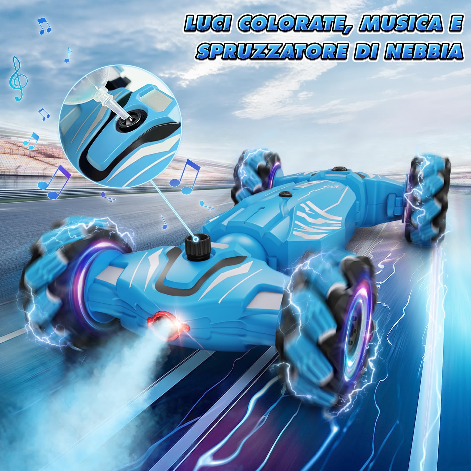 Dysaim Macchina Telecomandata per Bambini,4WD Auto Telecomandata Controllo Gestuale, 2.4Ghz Rotazione a 360° RC Stunt Car con Luci,Musica,Spray, Giocattoli Natale Regalo per Bambini da 6 8 12 Anni,Blu
