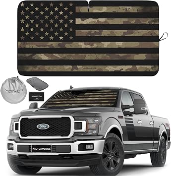 Autoamerics Truck Windshield Sun Shade with Storage Pouch & Anti-Slip Dash Pad - Foldable Dark Camo USA Flag Design - Fits Most SUVs & Trucks - Blocks UV Rays and Keeps Car Cool | XL 66 x 36 inches
