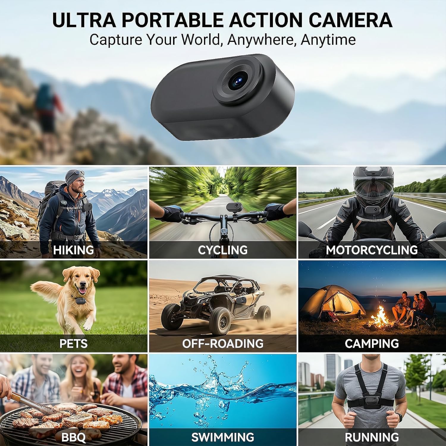 Mini Camara Acción 360 Cámara Deportiva WiFi Bodycam Cámara Casco Moto Magnética 1080P Camera Corporal Buceo Impermeable CAM Vlog POV para Deportes Actividades al Aire Libre Negro