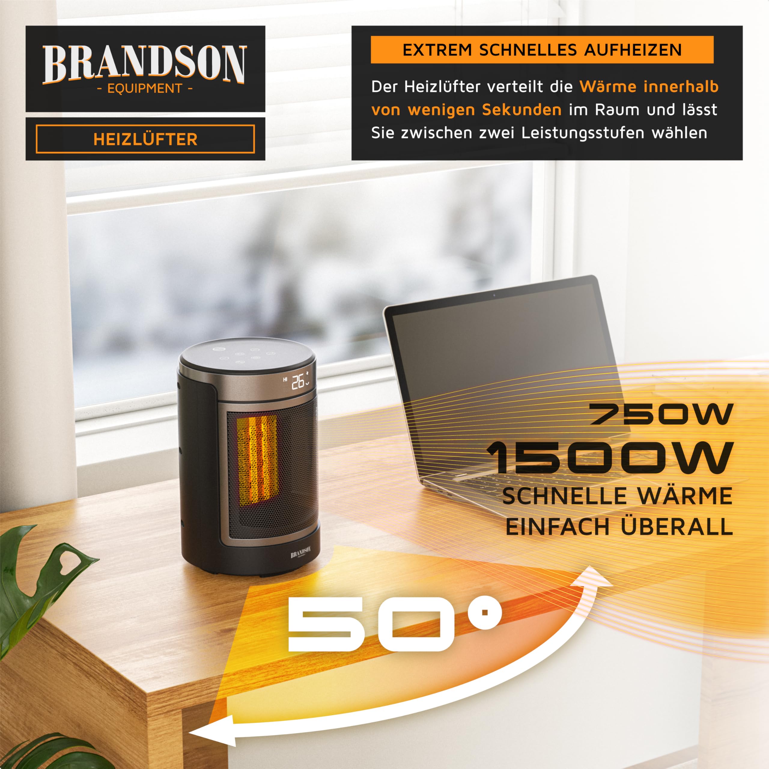 Brandson - Heizlüfter mit Fernbedienung - ECO Modus für energiesparenden Betrieb – Oszillation 50° - 2 Heizstufen - Überhitzungs- und Umkippschutz