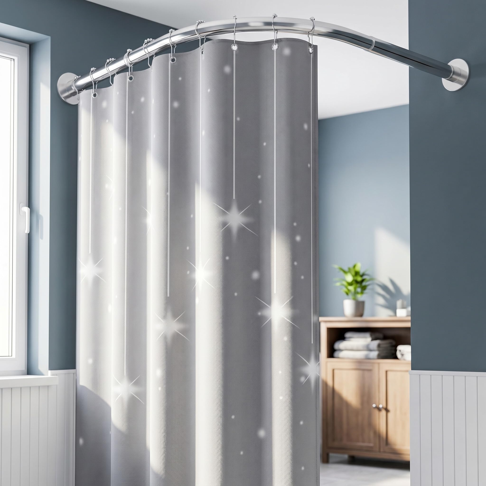 Telescopic Shower Rail No Drill, L Shaped Shower Curtain Rod Adjustable, Silver Curved Shower Curtain Pole Stainless Steel, For Bathroom, Kitchen, Fitting Room(Size:A 70-95m x 70-95cm,Color:Silver)