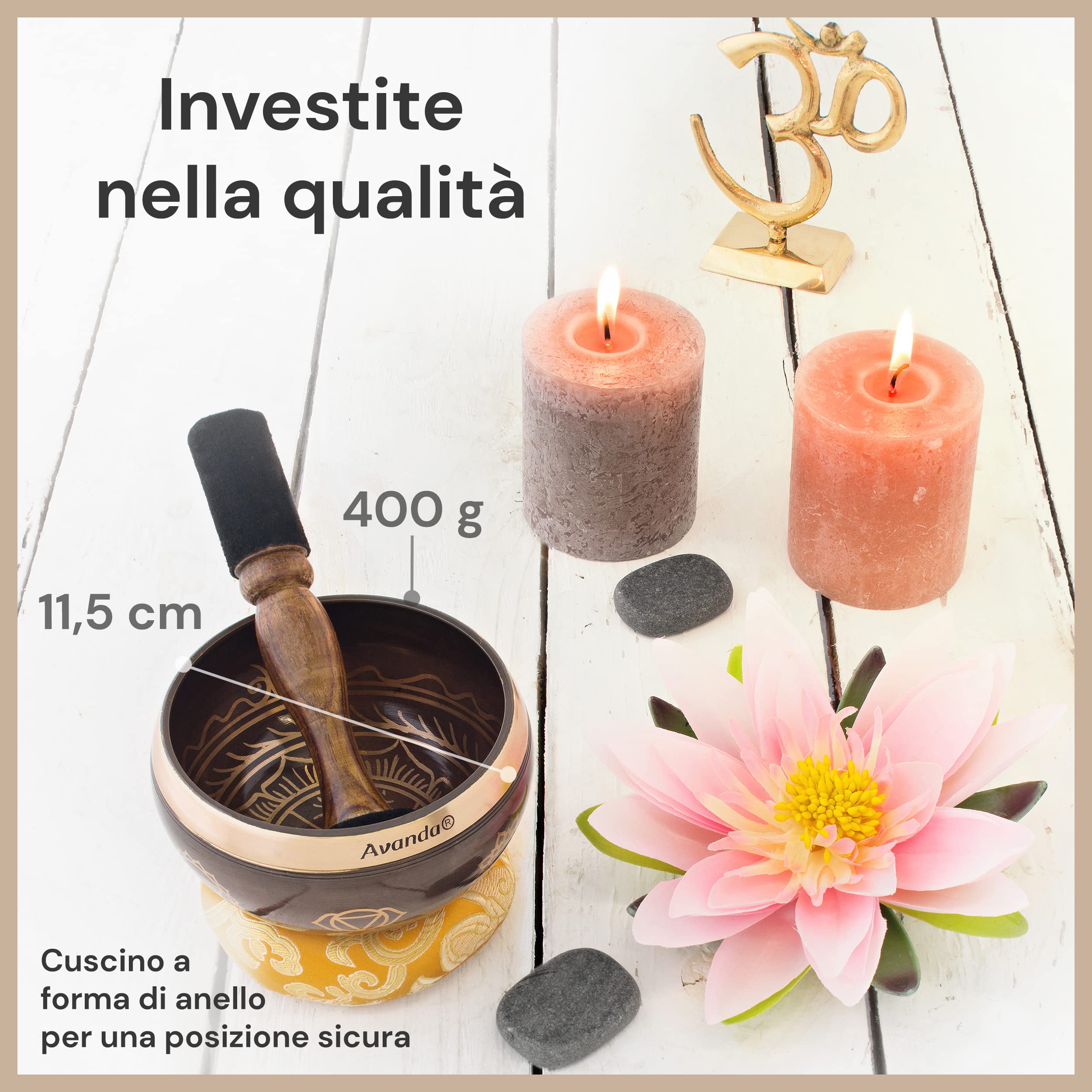Set Campane Tibetane Chakra per Yoga, Meditazione e Relax - Campana Tibetana Dipinta a Mano Ø 10 cm, Doppio Battitore con Feltro e Pelle, Cuscino per Anelli, Borsa e Istruzioni