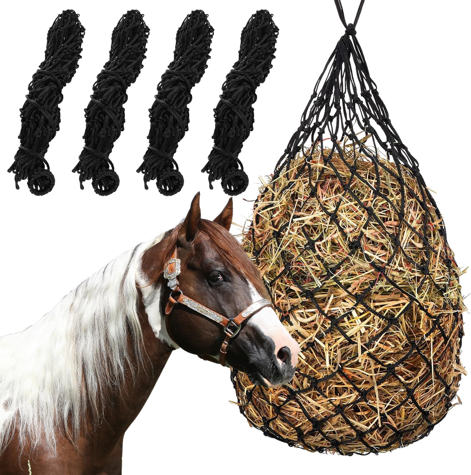 SHUESSS 4 PCS Slow Feed Hay Net, Hanging Horse Feed Net, 40 Inch Length with 2 Inch Holes, Hay Bag Hay Net for Horses, Hanging Hay Feeder for Goats, Reduce Waste, Black