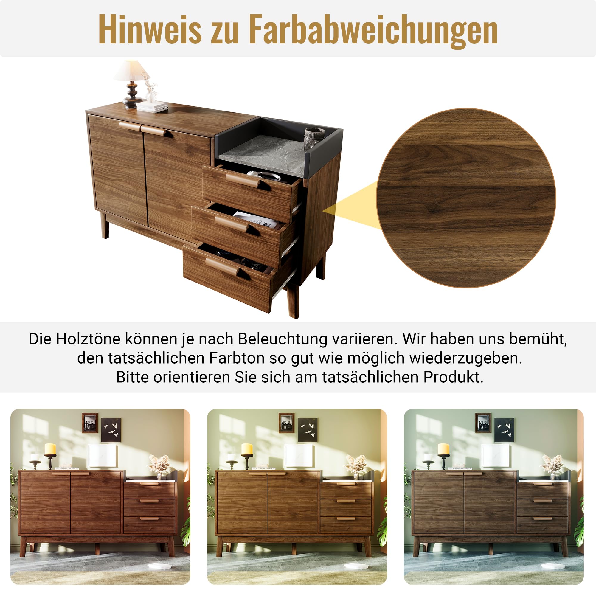 Wohnzimmer Kommode in Eiche Dekor mit Marmor-Optik Platte - Offene Ablage + 3 Schubladen & Doppeltürschrank (innen höhenverstellbar) - Massivholzbeine & kehrroboterfähig, H77/B120/T40 cm Möbel: