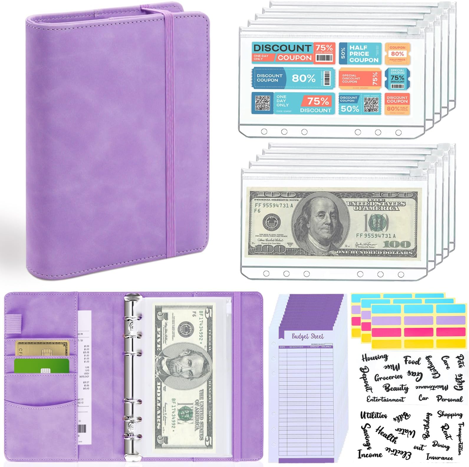 Budget Binder with Zipper Envelopes, Budget Book with Cash Envelopes, Premium Pu Leather A6 Binder with Expense Budget Sheets and Stickers, Savings Binder for Budgeting (Violet)