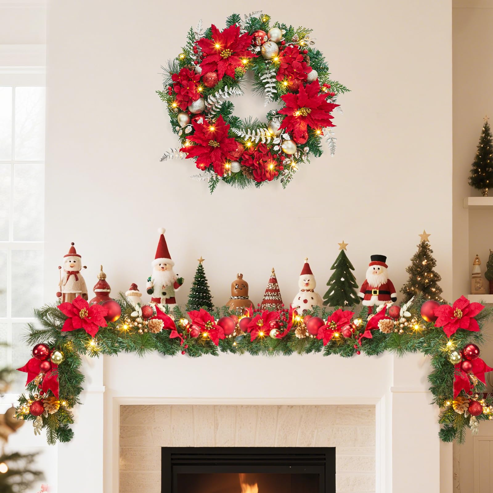 Corona de Navidad preiluminada para puerta delantera, corona de Navidad grande de 24 pulgadas para decoración navideña, corona iluminada de Navidad a pilas con flor, adornos de bola y 20