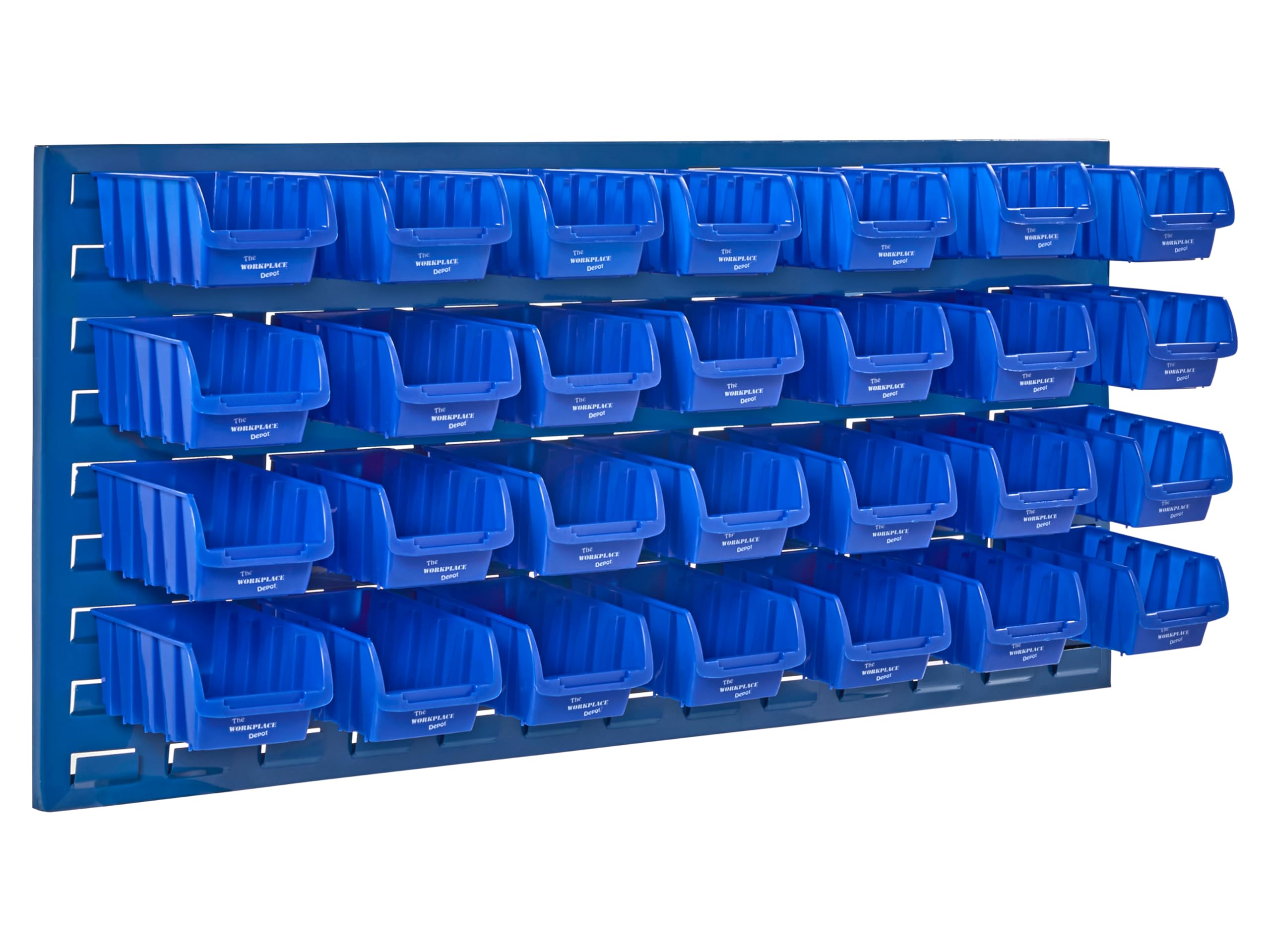 The Workplace Depot Wall Mounted Louvre Panel Kit – Steel Storage Panel 460(H) × 995(W) with Polypropylene Bins – Ideal for Workshop, Garage & Warehouse Organisation (Blue, with x28 Small Bins)