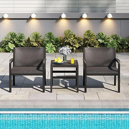 Miniatura 2 de COSTWAY Juego de muebles de patio de 3 piezas, muebles de mimbre de ratán PP para exteriores con 2 sillones modernos de ratán y mesa auxiliar de