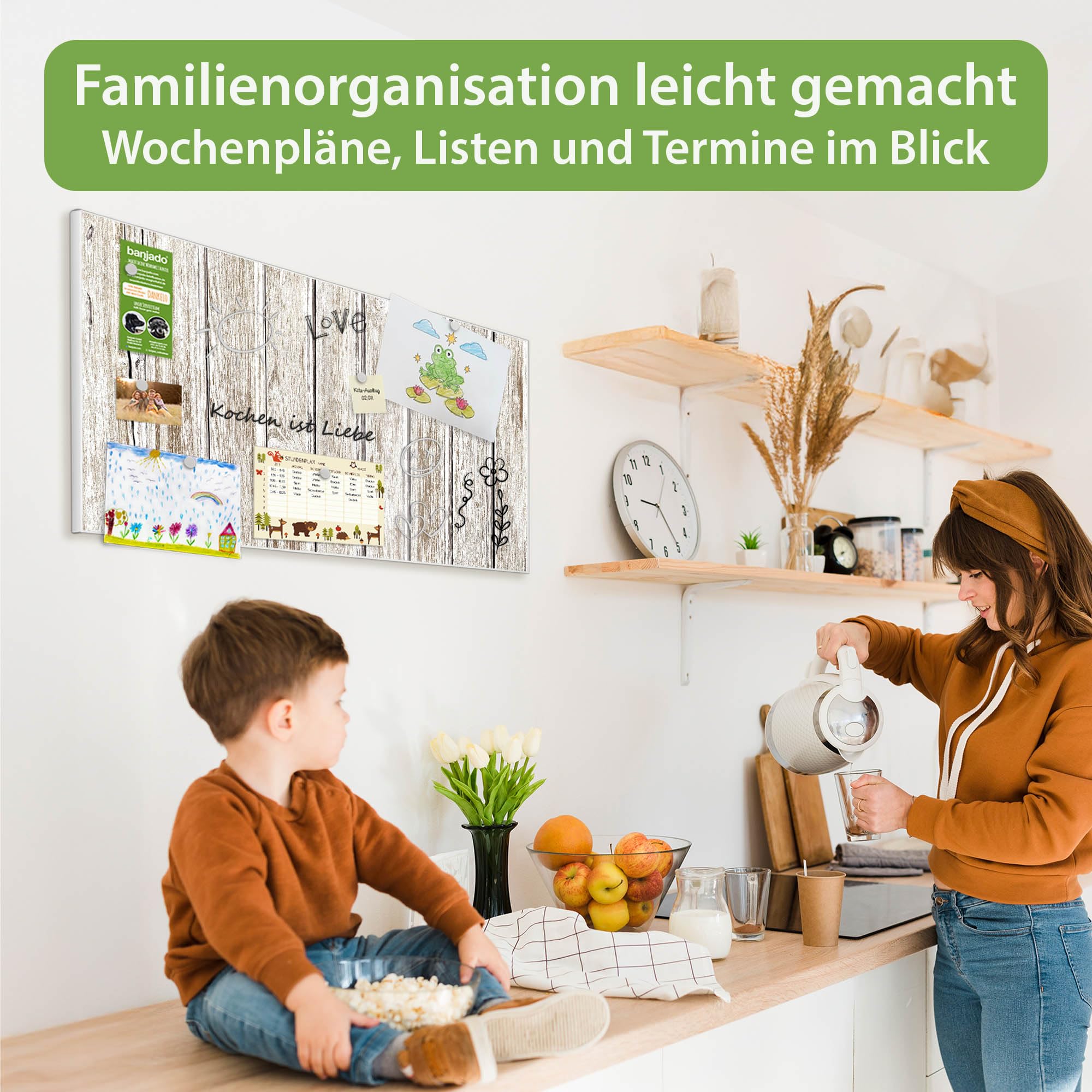 banjado Magnettafel Metall 78 x 37cm - beschreibbare Magnettafel - Metall Pinnwand als Memoboard - Magnetwand Küche, Büro, Kinderzimmer Weiß inkl. 4 Magnete & Montageset - Motiv Weißes Holz