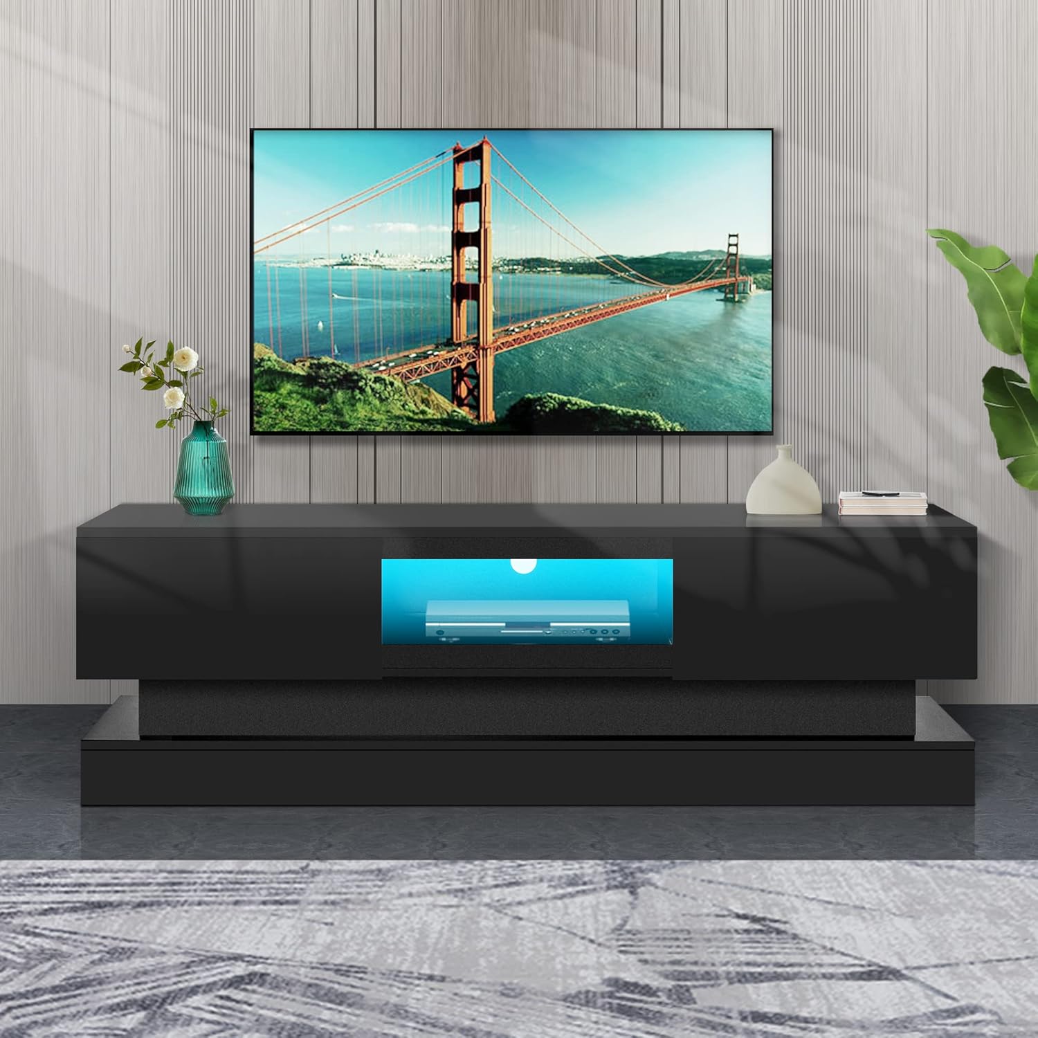 Leisure Zone Morden LED TV Stand for TVs up to 55 inchs with 16 RGB LED Backlight,High Gloss TV Cabine, TV Media Center, for Living Room or Bedroom