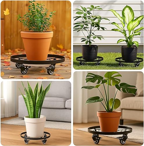 Miniatura 7 de Paquete de 3 cajas grandes de metal para plantas de 12.6 pulgadas con ruedas, soporte de plantas con ruedas rodantes de alta resistencia con ruedas