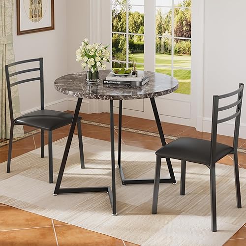 VECELO juego de mesa de comedor redonda pequeña para 2, superficie de mesa de madera con estructura de metal resistente, comedor moderno con sillas